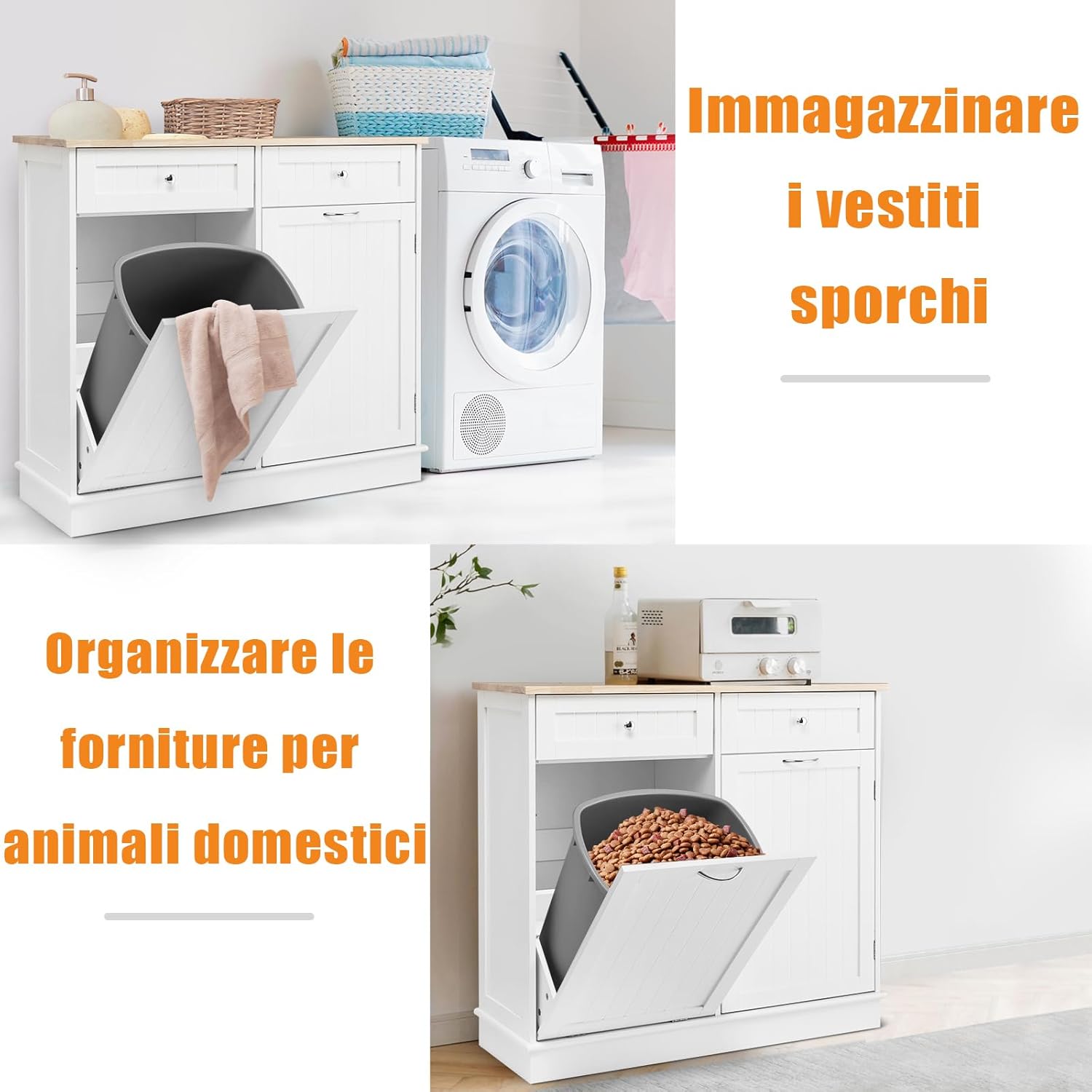 GYMAX Credenza da Cucina, Isola da Cucina con 2 Cassetti, Ripiano Regolabile, Vassoio in Gomma per Sala da Pranzo, Soggiorno, Adatto per Bidone (non incluso) da 42L, 100 x 35 x 90,5 cm (bianco)
