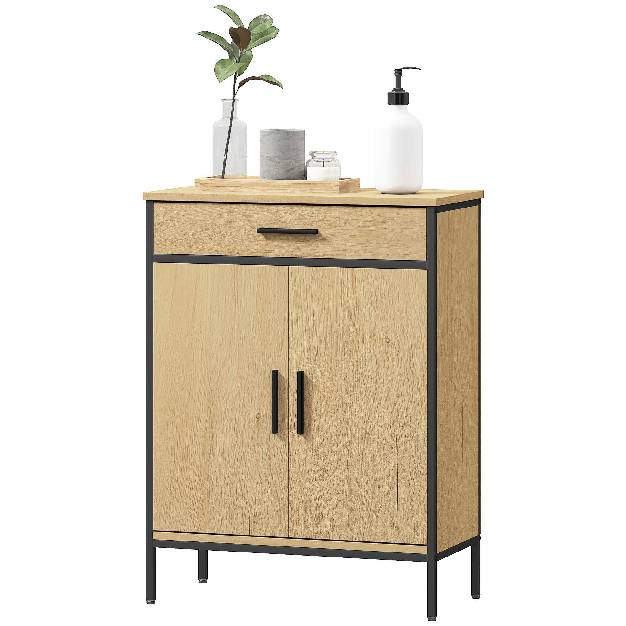 HOMCOM Badezimmerschrank mit Schublade, Zweitürenschränken, verstellbarem Regal und Soft-Close-Scharnieren, 60 x      30 x 80 cm, Eiche