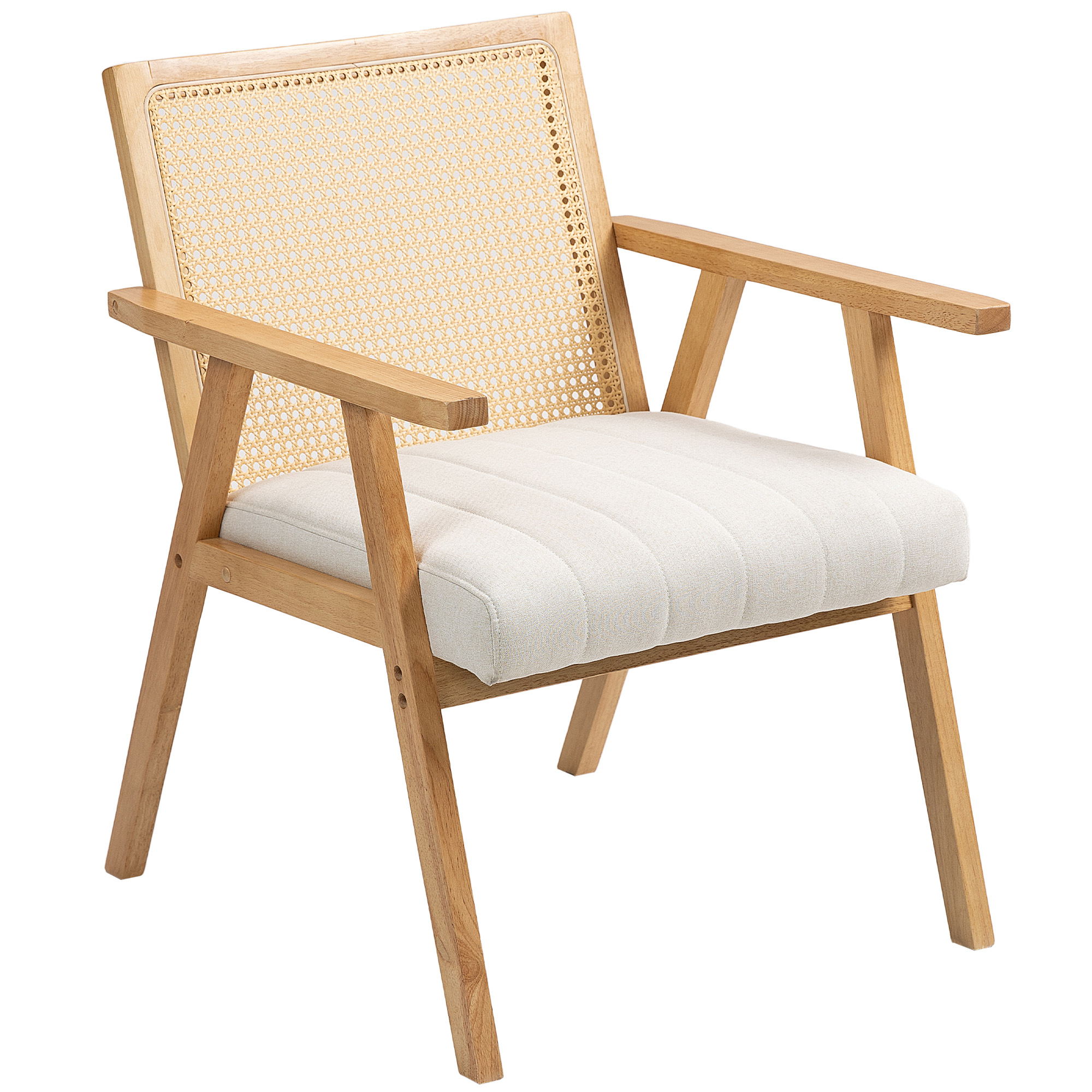 HOMCOM Loungesessel aus Holz, Rattansessel mit Rattanrücken und gepolstertem Kissen mit Armlehnen, Naturholz