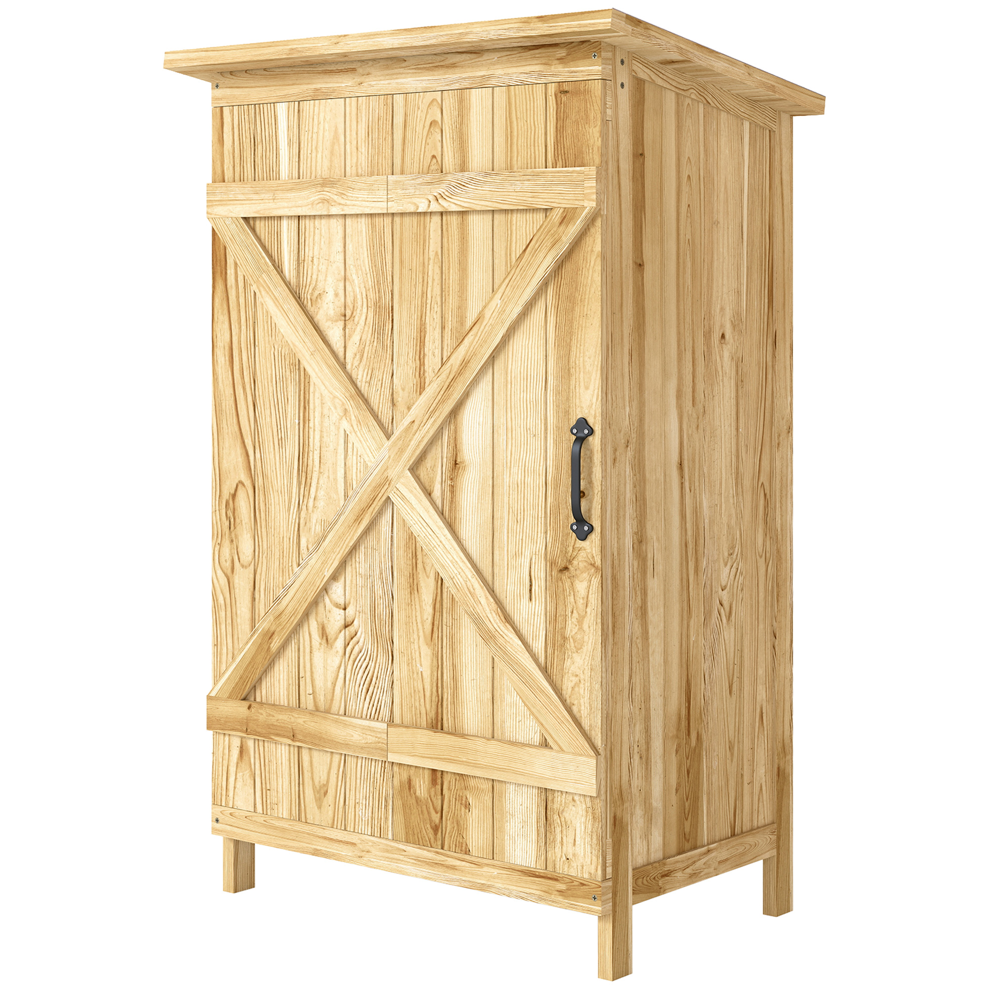 Outsunny Holzschuppen 63,5x40x90 cm Gartenschrank für Gartengeräte mit 2 Regalen und Tür Natur