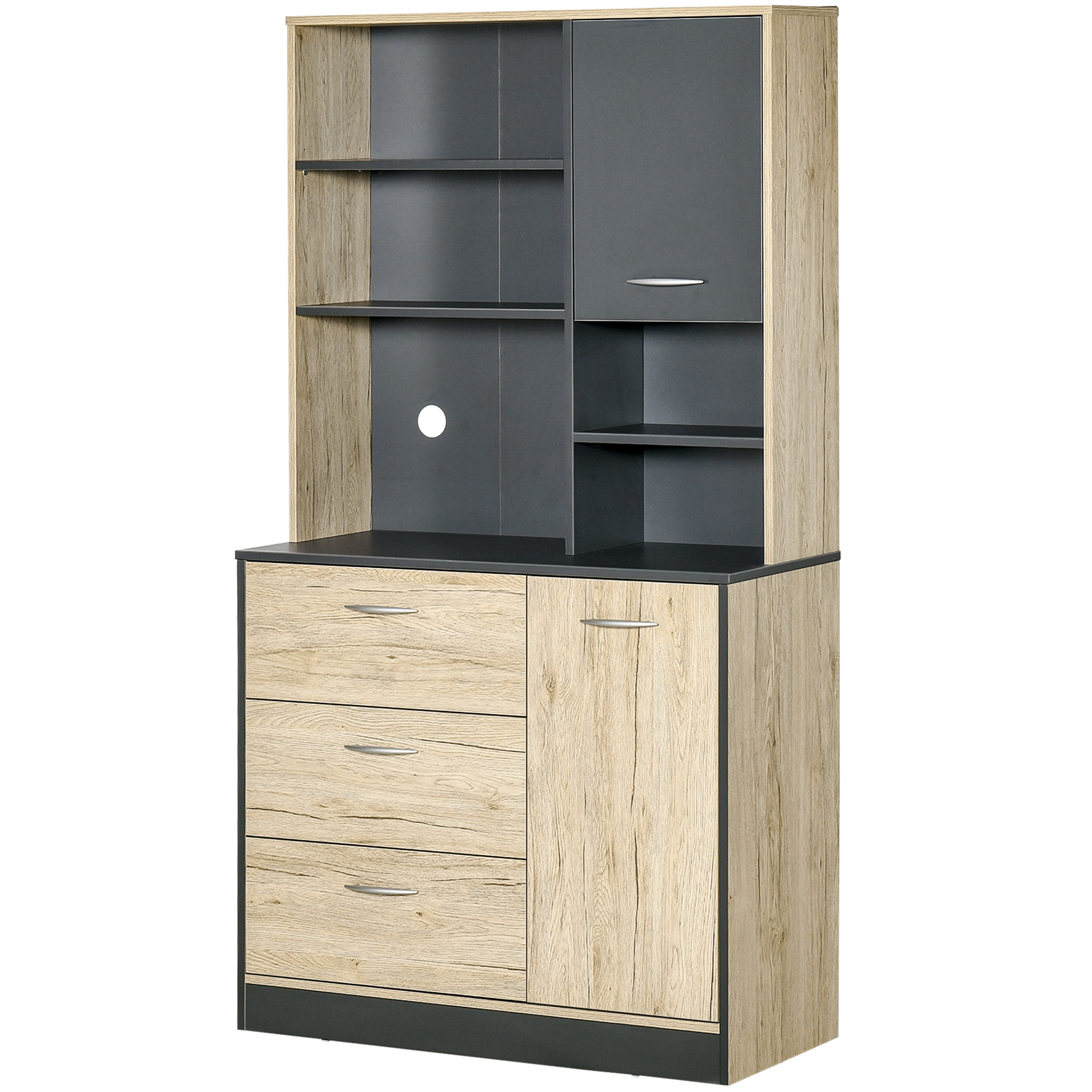 HOMCOM Küchenbuffet Küchenschrank mit vielfältigen Aufbewahrungsmöglichkeiten 2 Türen 3 Schubladen 3 Regale + große Arbeitsplatte 90L x 39B x 169H cm zweifarbig Eiche Grau
