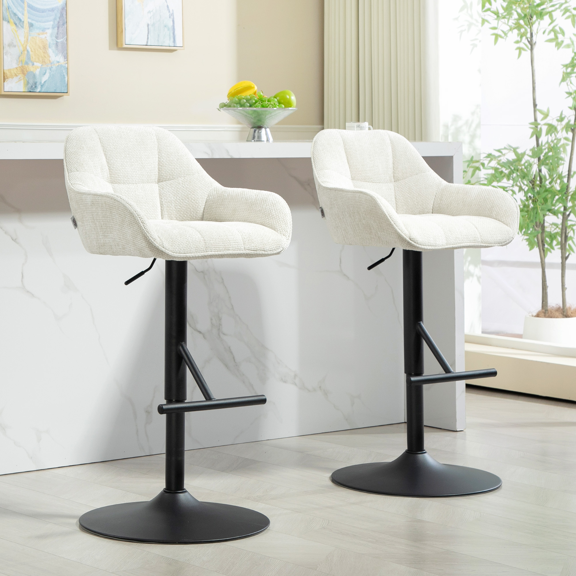 HOMCOM Set aus 2 Barhockern, Barstühle, höhenverstellbar, Leinenstoff und Stahlbasis 52,5 x 53 x 86,5-108 cm, Creme