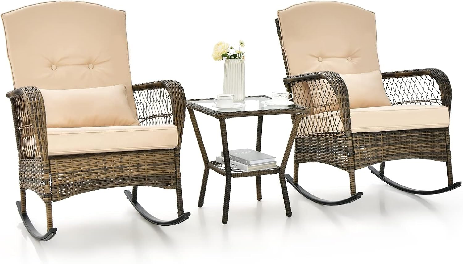 FANTASK Rattan Garden Furniture Set of 3 with Rocking Chairs and Table for Garden, Balcony, Beige