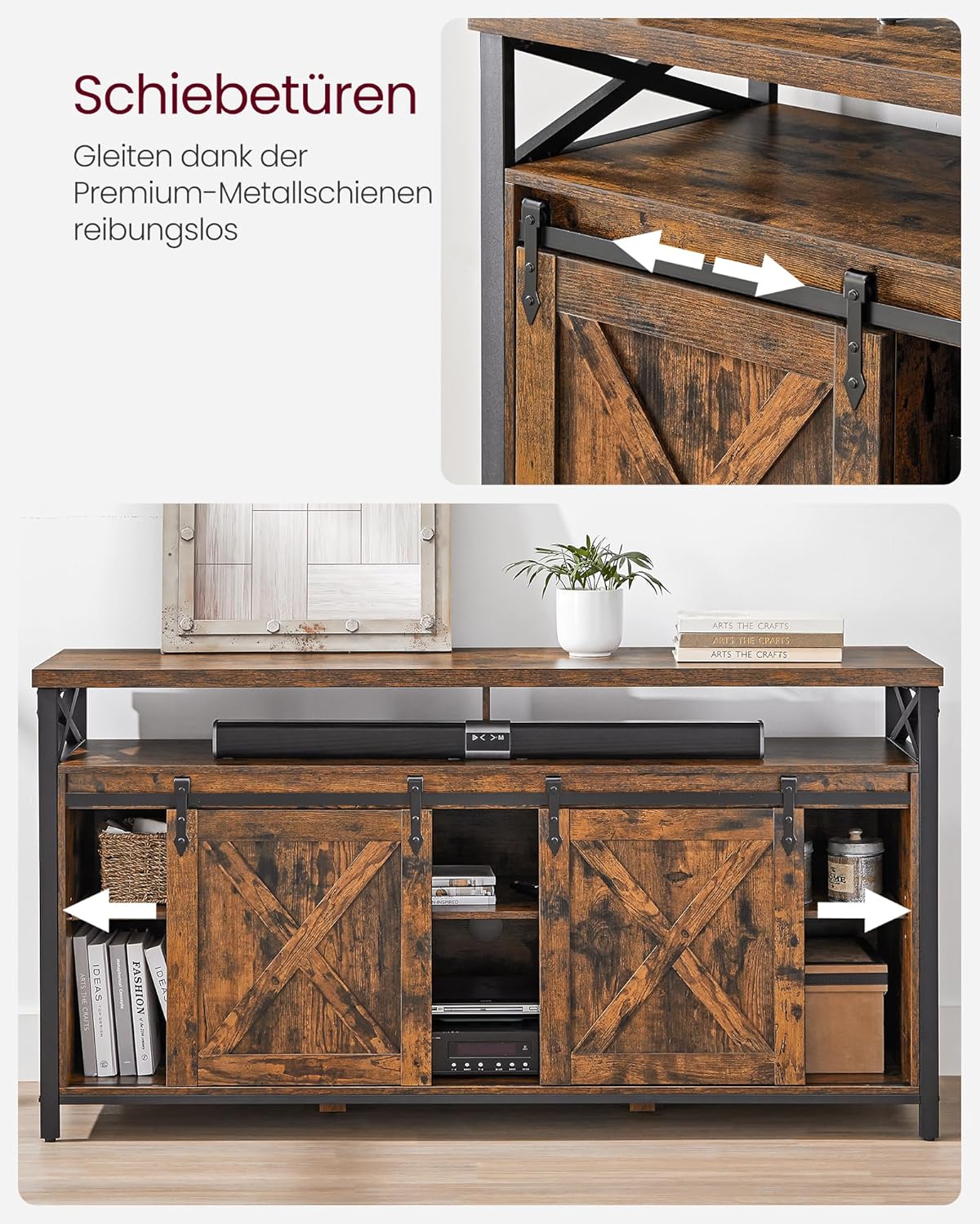 VASAGLE TV-Schrank mit Metallgestell und Schiebetüren im Industrial-Stil
