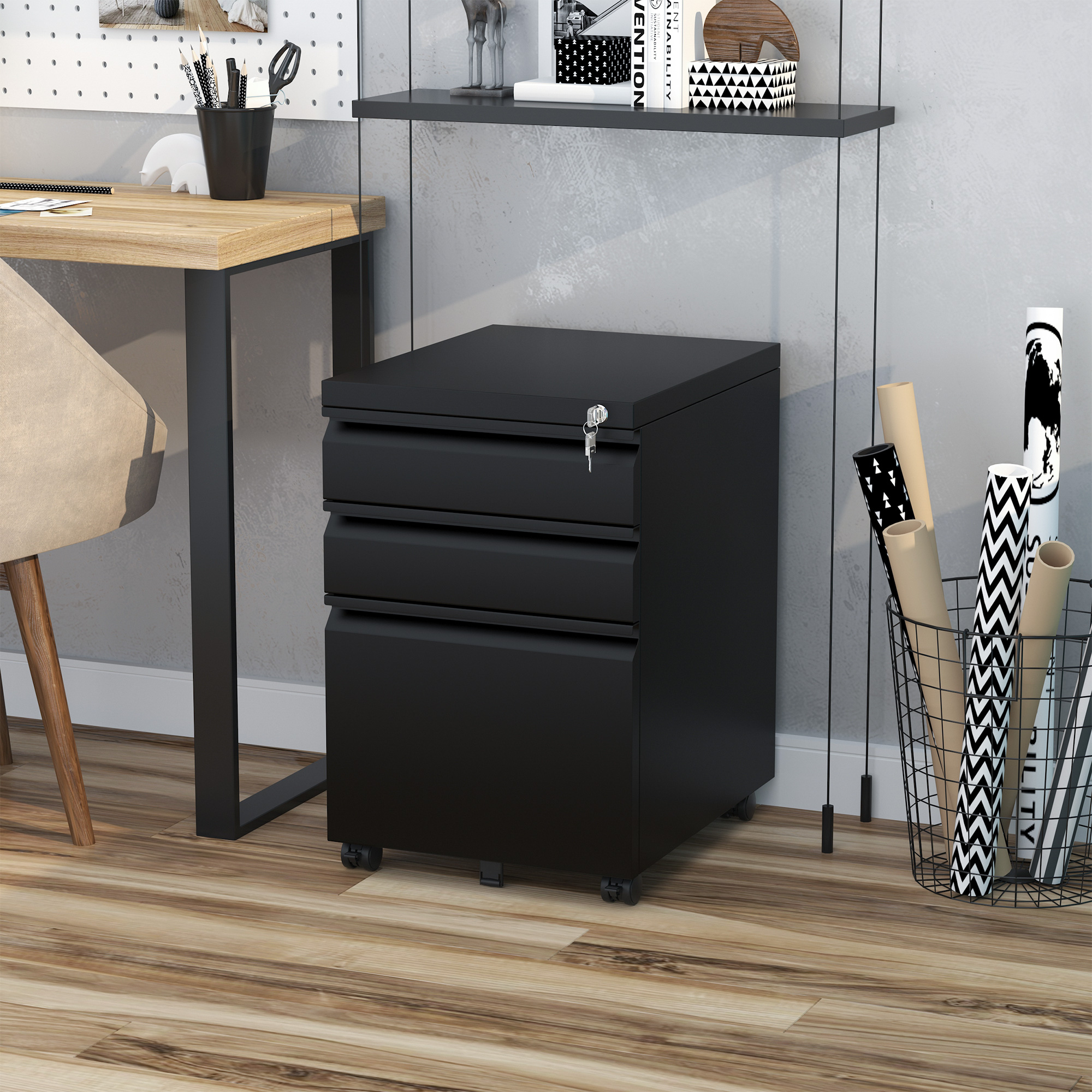 Vinsetto Rollcontainer, 3 Schubladen, 5 Räder, Hängeregister, abschließbar, Stahl, schwarz 39 x 48 x 60 cm