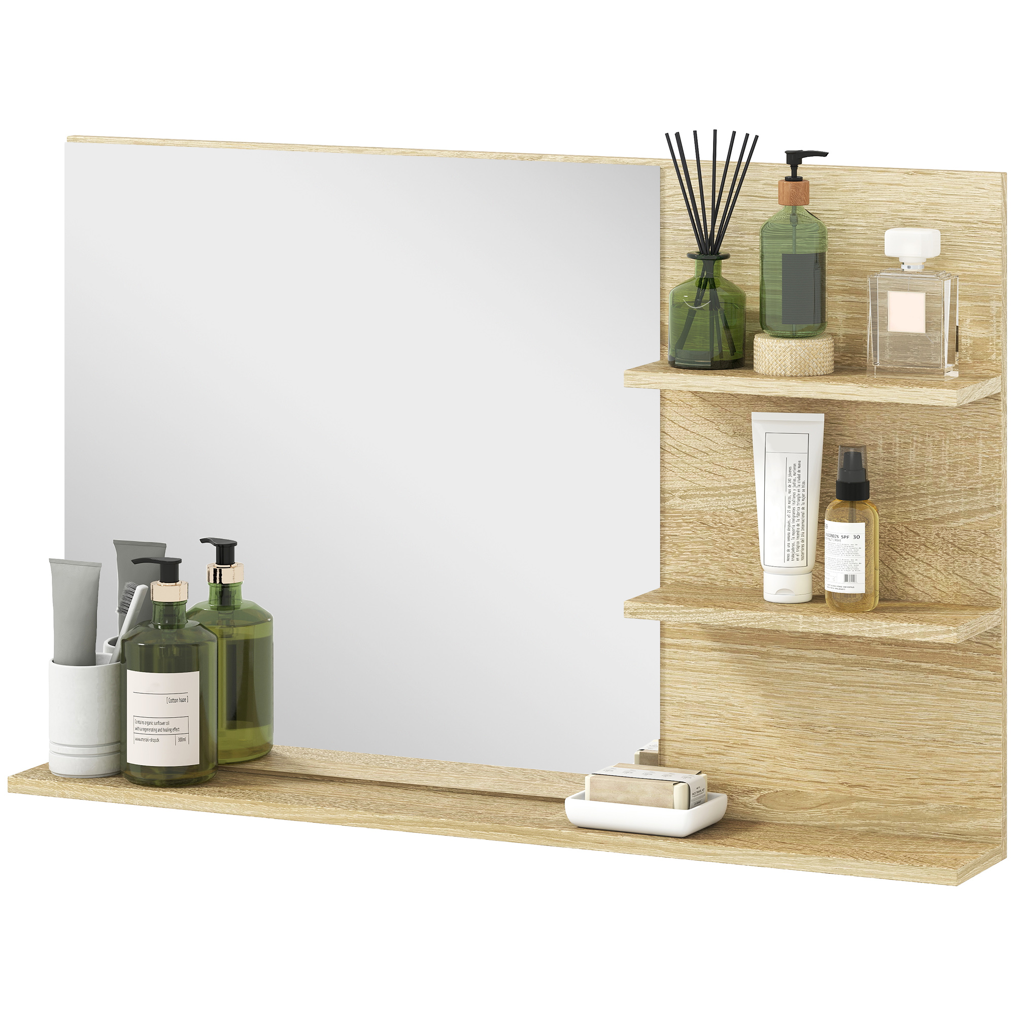 kleankin Badezimmerspiegel Modern mit 2 Seitlichen Regalen und Unterem Regal, aus Holz und Glas, 75x10x48 cm, Holzfarbe