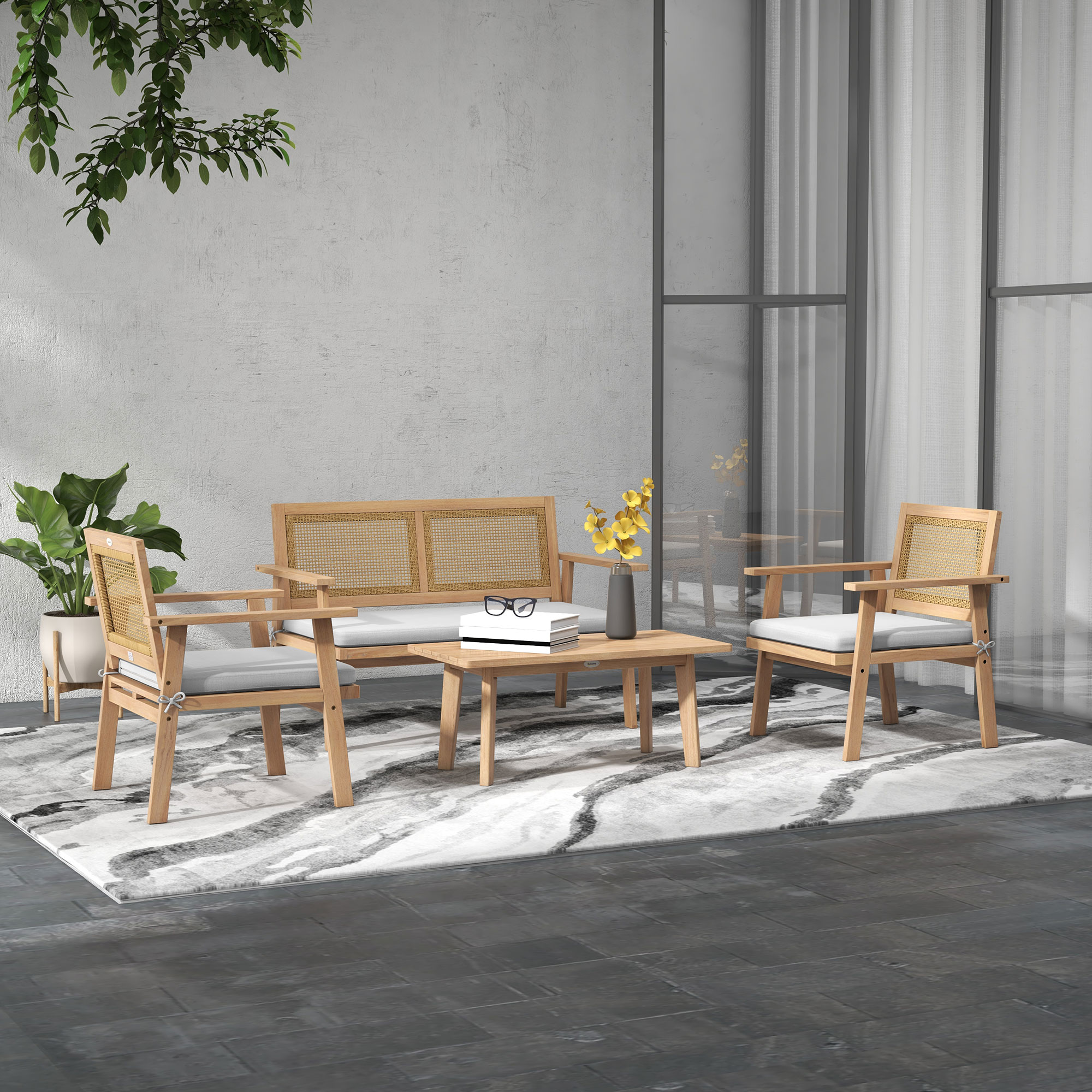 Outsunny Gartenmöbel-Set 4-teilig für 4 Personen mit 2-Sitzer-Sofa, 2 Sesseln, 1 Couchtisch, Kissen, Akazienholz