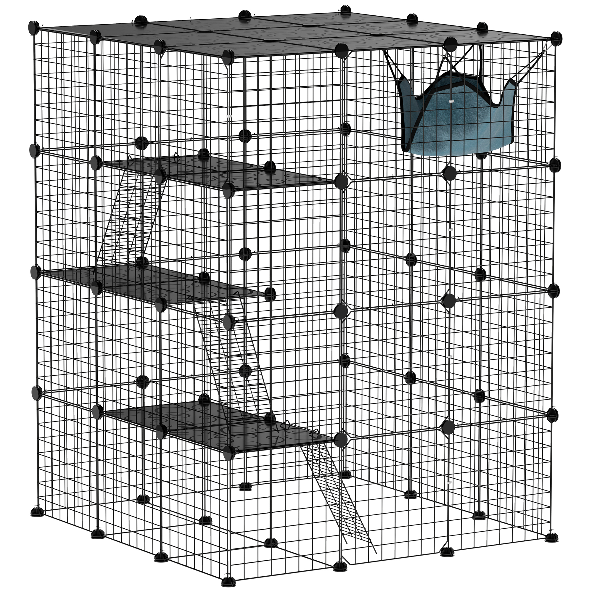 PawHut Kleintierkäfig Kaninchen Innengehege 4 Ebenen anpassbare Gitterpaneele 105 x 105 x 140 cm Schwarz