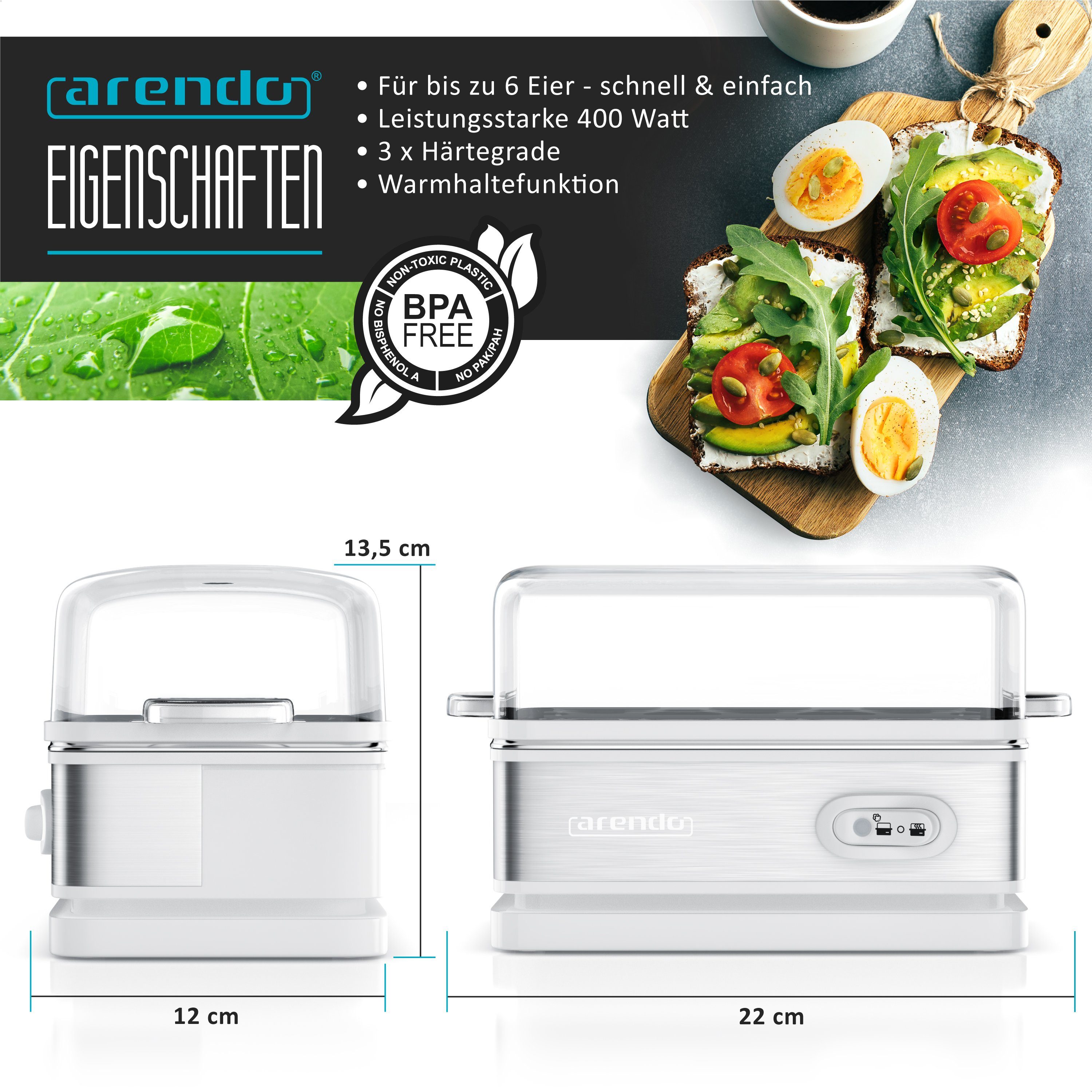 Eierkocher 6-fach, Edelstahl, mit Warmhaltefunktion, frei wählbarer Härtegrad