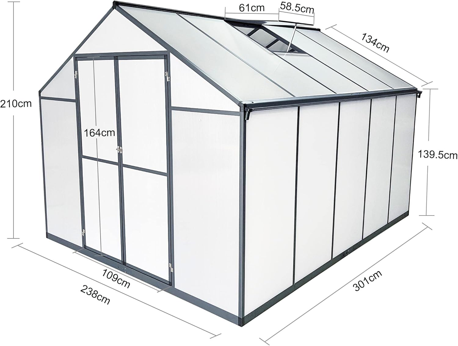 Aluminium Gewächshaus für den Garten 7,33m² inklusive 238 x 301cm Fundament Doppeltür vielseitig nutzbar als Treibhaus,Frühbeet Aufzucht,Tomatenhaus und Pflanzenhaus