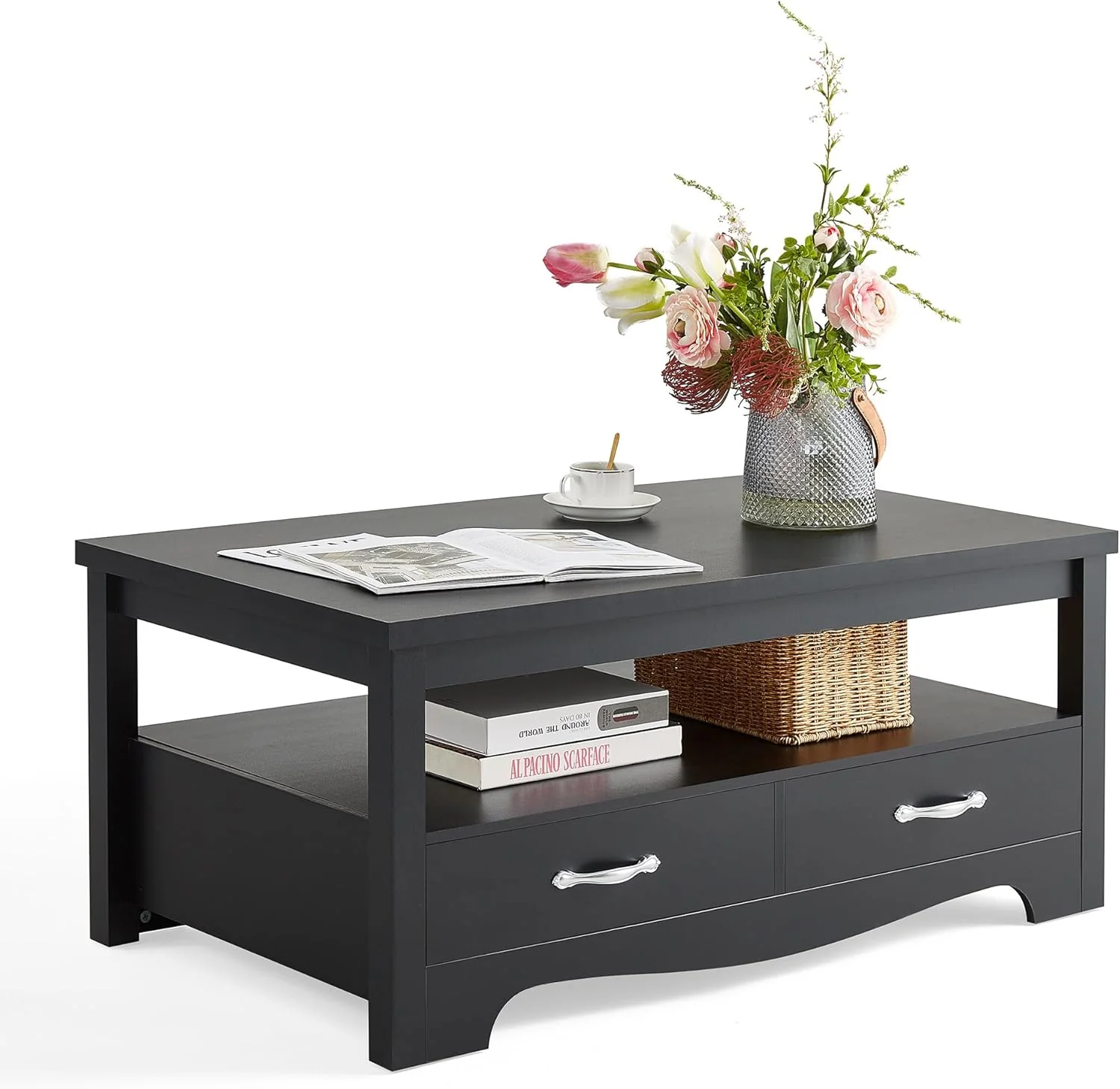 LINSY HOME Farmhouse Coffee Table Wood Oak Brown with Curved Base