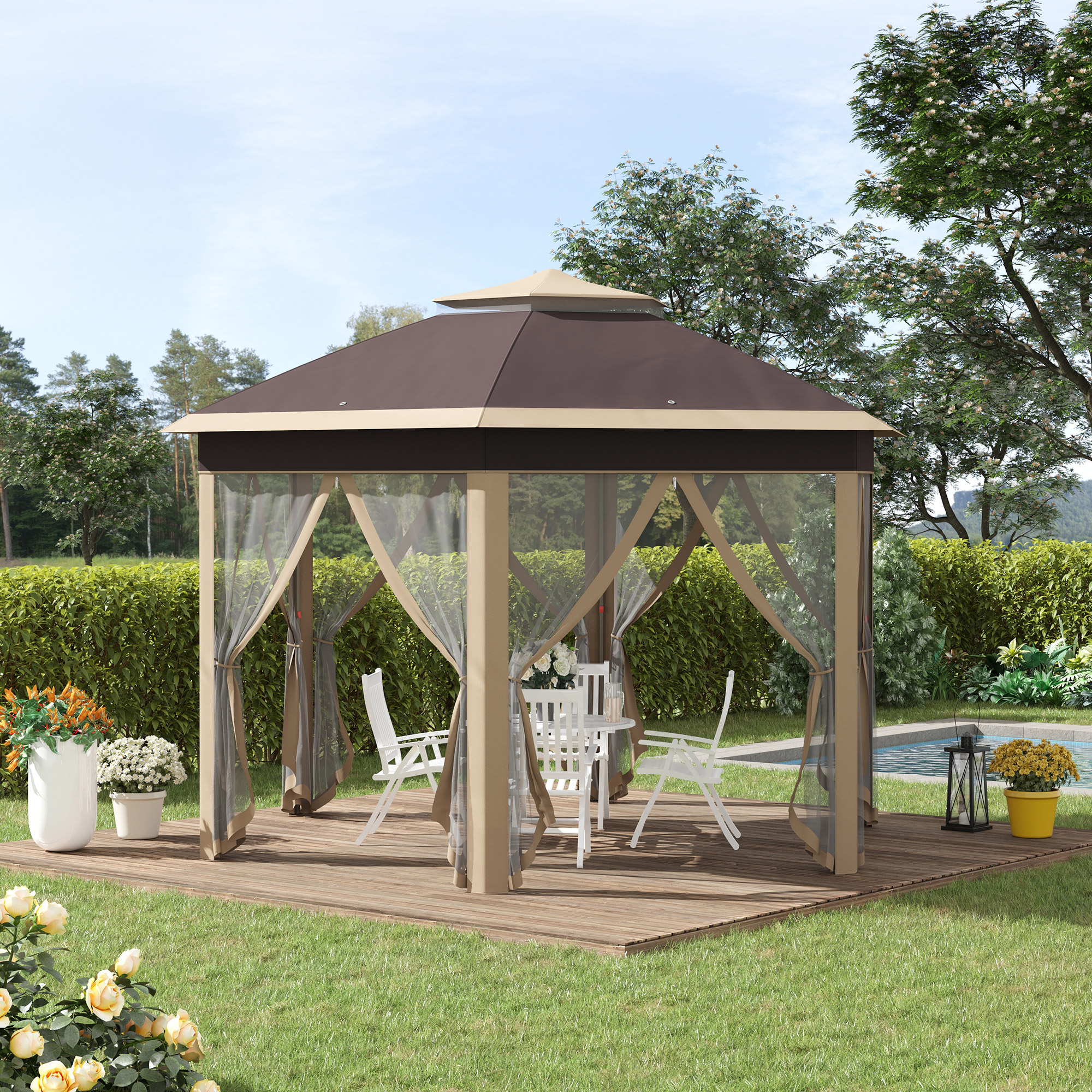 Outsunny Pavillon 4x4m Wasserdicht Pop-up sechseckiger Faltpavillon, Doppeldach, Gartenpavillon mit 6 Seitenteilen, Partyzelt inkl. Tragetasche, für Garten, Terrasse, Festival, Beige+Khaki