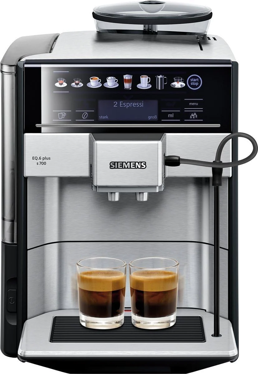 SIEMENS Kaffeevollautomat EQ6 plus s700 TE657503DE, für viele Kaffeespezialitäten, Milch-Aufschäumdüse, Keramikmahlwerk, Doppeltassenfunktion, Antikalk, automatische Dampfreinigung, 1500 W, edelstahl