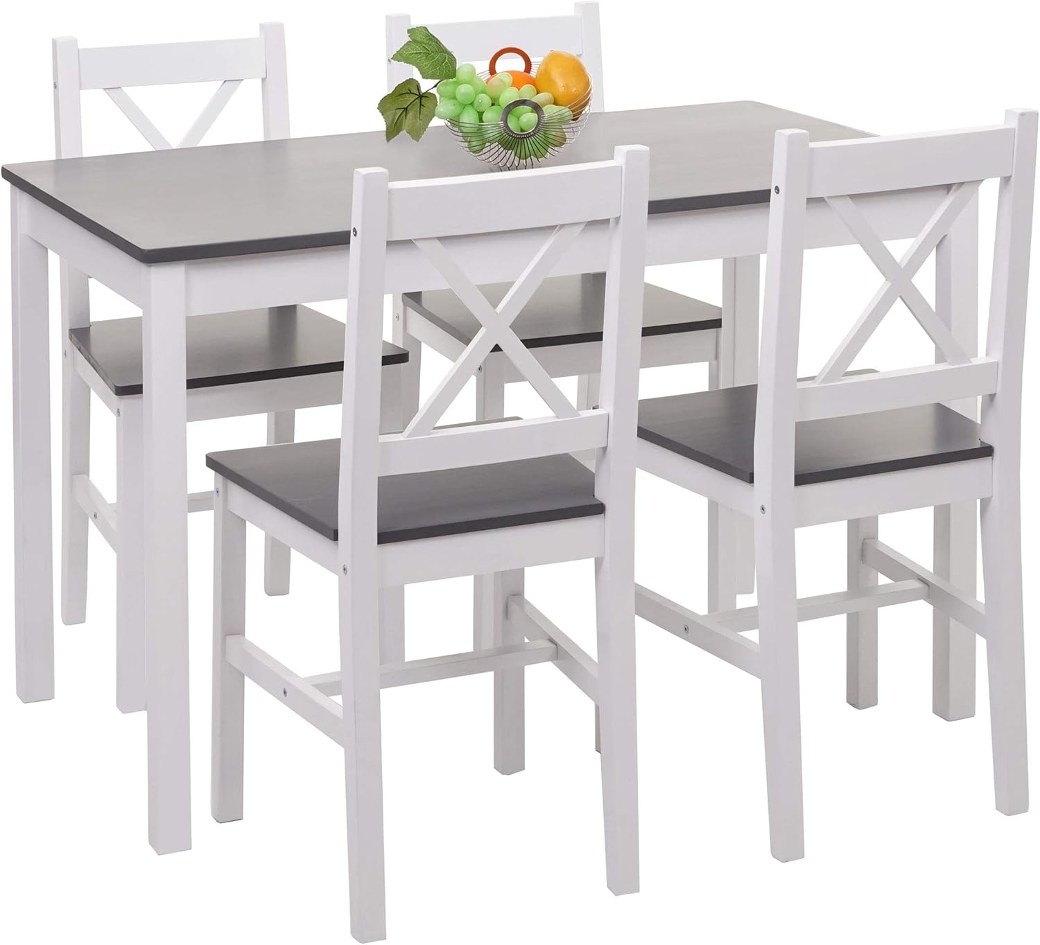 Mendler Set Tavolo con 4X sedie Country Classica Cucina Soggiorno HWC-F77 Legno massello Bianco e Grigio