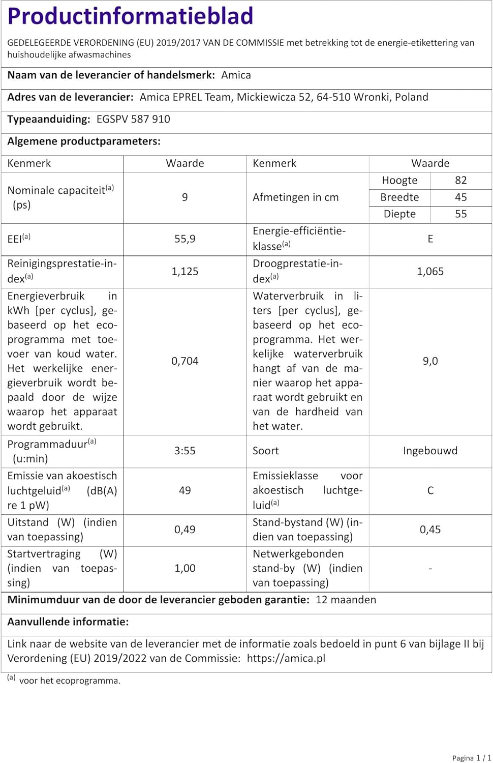 Amica Einbau-Geschirrspüler EGSPV 597 910 / vollintegriert / 60 cm breit / 5 Programme, 12 Maßgedecke/Startzeitvorwahl