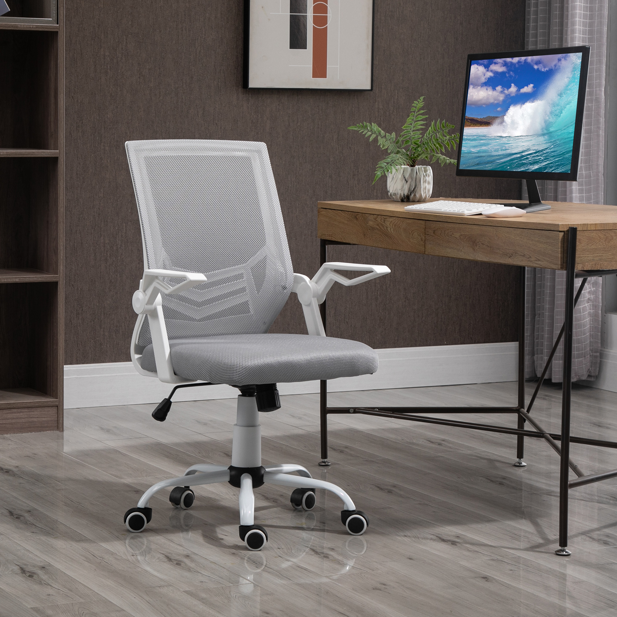 Vinsetto Bürostuhl, ergonomischer Bürostuhl aus Mesh mit Lendenwirbelstütze, höhenverstellbarer Funtionsschaukel, 360° drehbaren Armlehnen, zusammenklappbar, 62,5 x 55 x 94-104 cm, grau