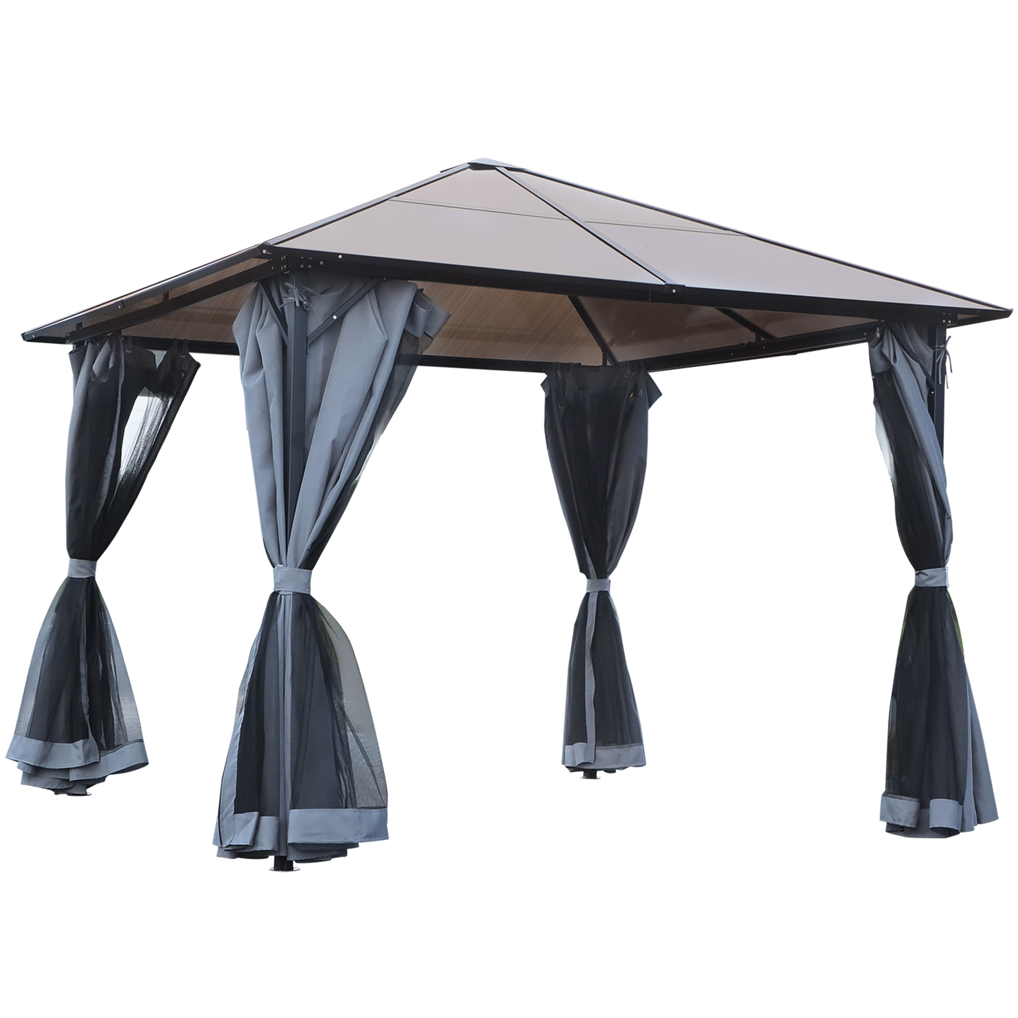 Outsunny Pavillon mit Polycarbonatdach, Vorhänge mit Fliegennetz, Alugestell, dunkelgrau, 3 x 3 m