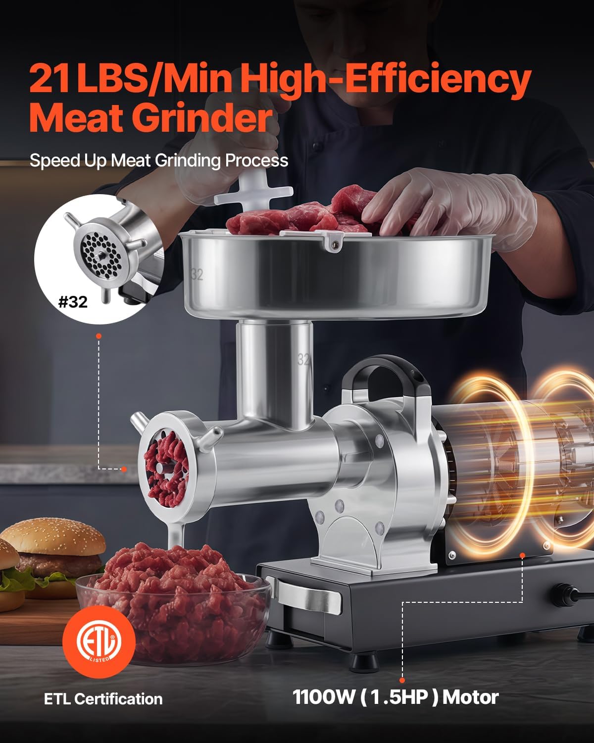 VEVOR Tritacarne Elettrica 1100 W da Cucina, 595 x 280 x 500 mm, Tritacarne Capacità 9,5 kg/min Corpo in Acciaio Inox con 3 Dischi per Salsicce Salami Carne, Cucina Commerciale Ristorante Hotel