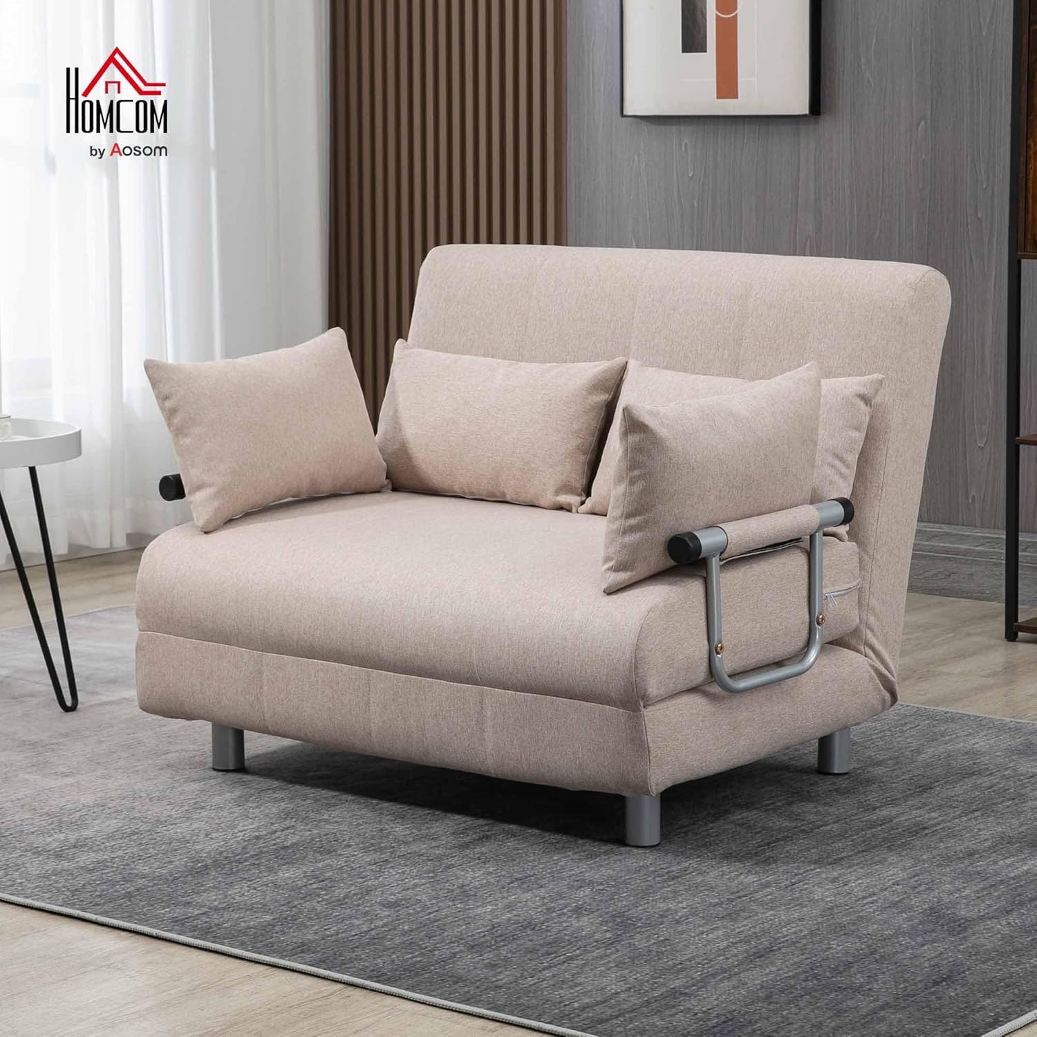 HOMCOM Divano Letto 2 Posti 3 in 1 Convertibile in Poltrona Reclinabile con Schienale Regolabile e 4 Cuscini Imbottiti, 102x82x81 cm, Beige