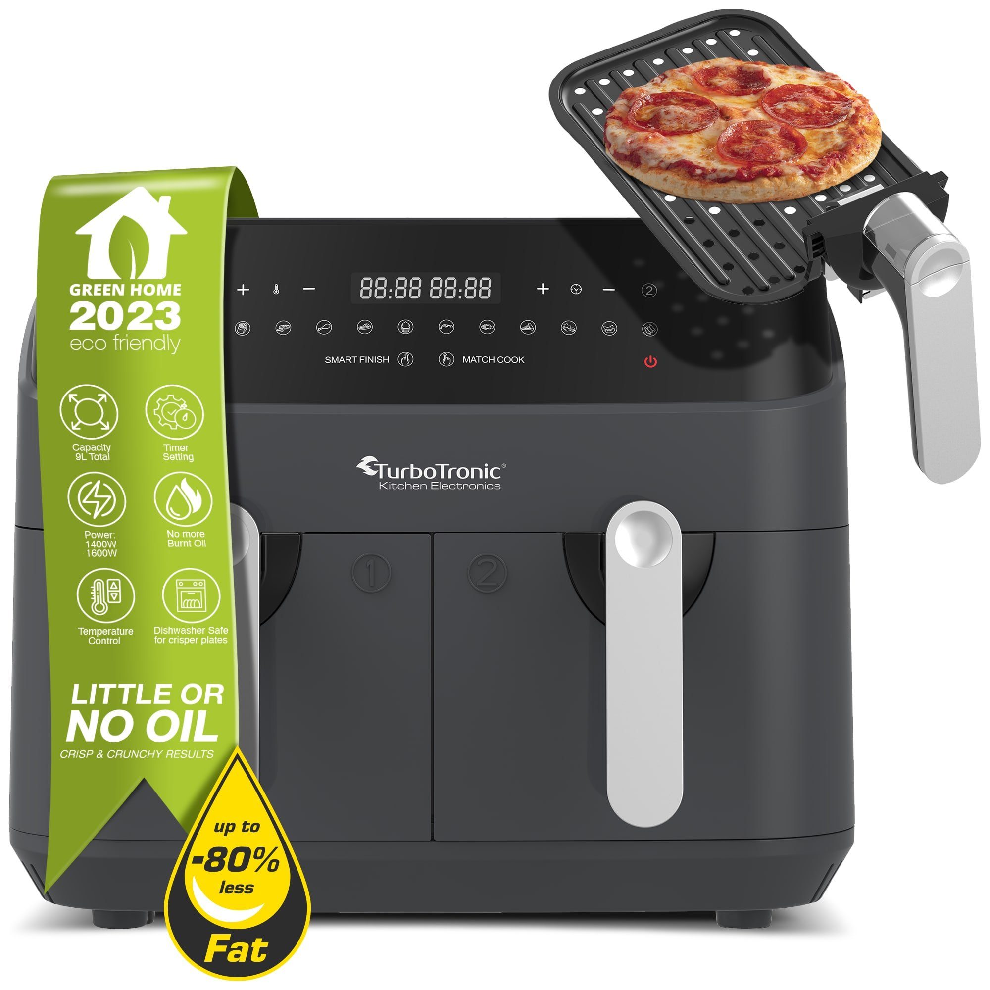 Heißluftfritteuse XXL Doppelkammer 12in1 Dual Airfryer 2x 0,5 kg 200C Power Pizza Grill