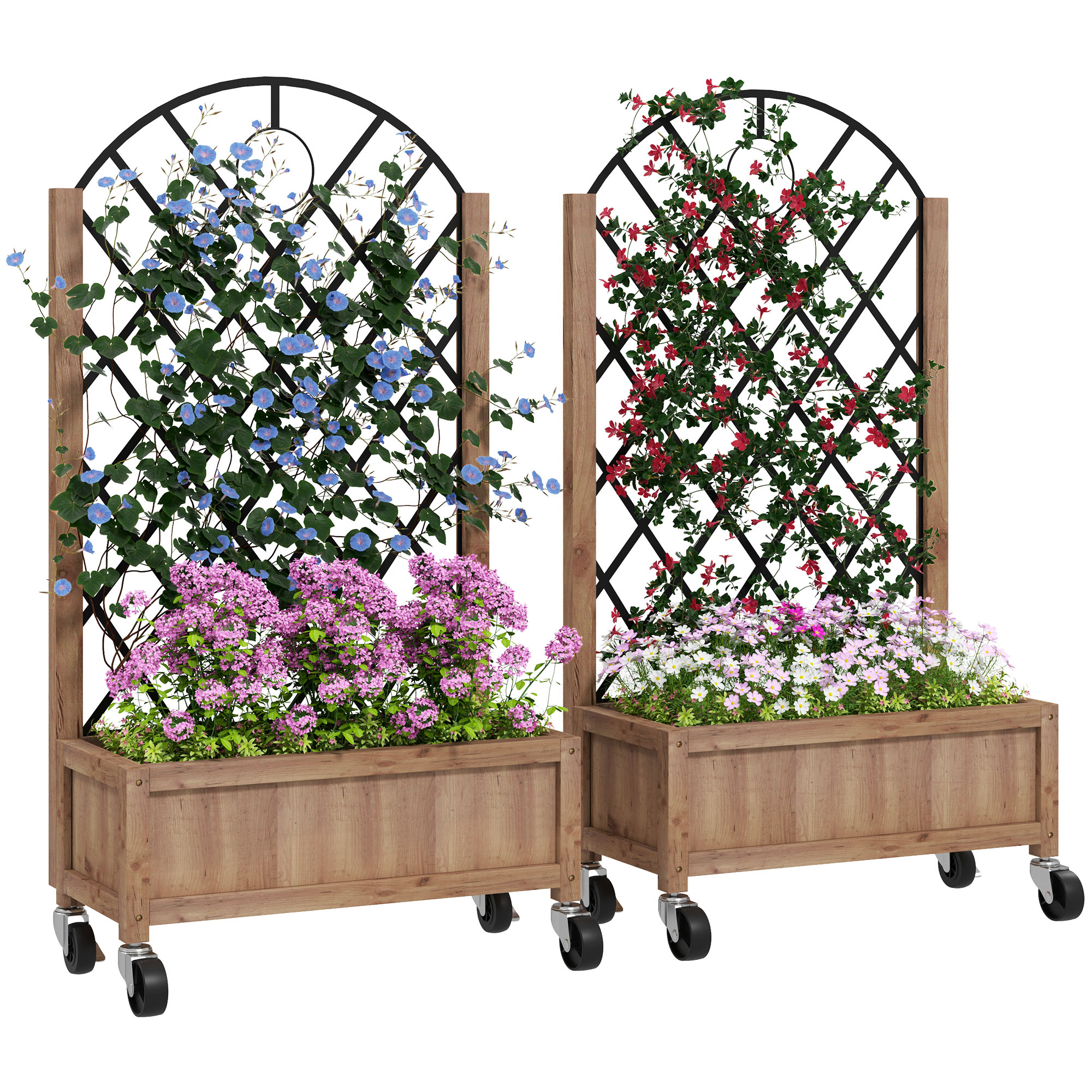 Outsunny 2er Set Hochbeet Pflanzkasten mit Rolle, Rankgitter, Spalier Pflanzkübel Blumenkasten Holz 52x25x97cm Braun