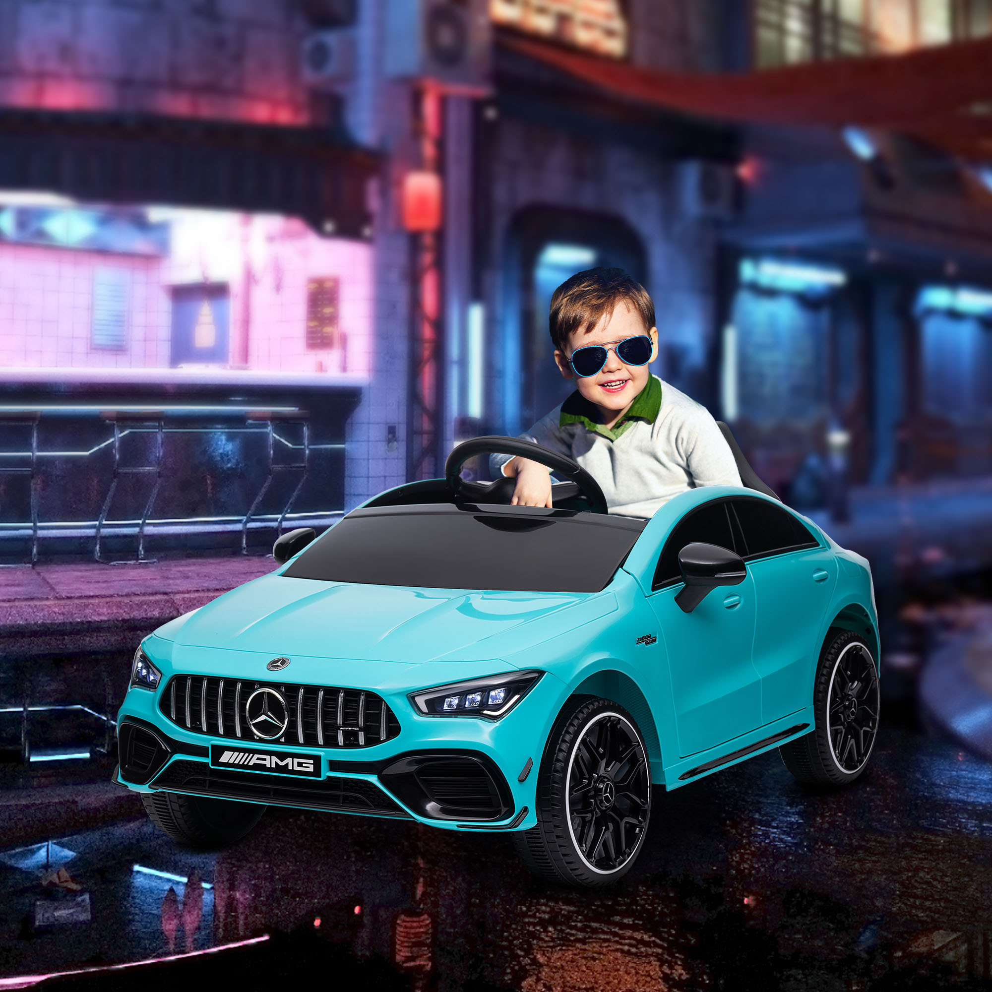 AIYAPLAY Kinder-Elektrische Auto, Afstandsbedienbaar met Trainingswielen, LED-Lichten, Toeter, voor Kinderen van 3-6 Jaar, Lichtblauw
