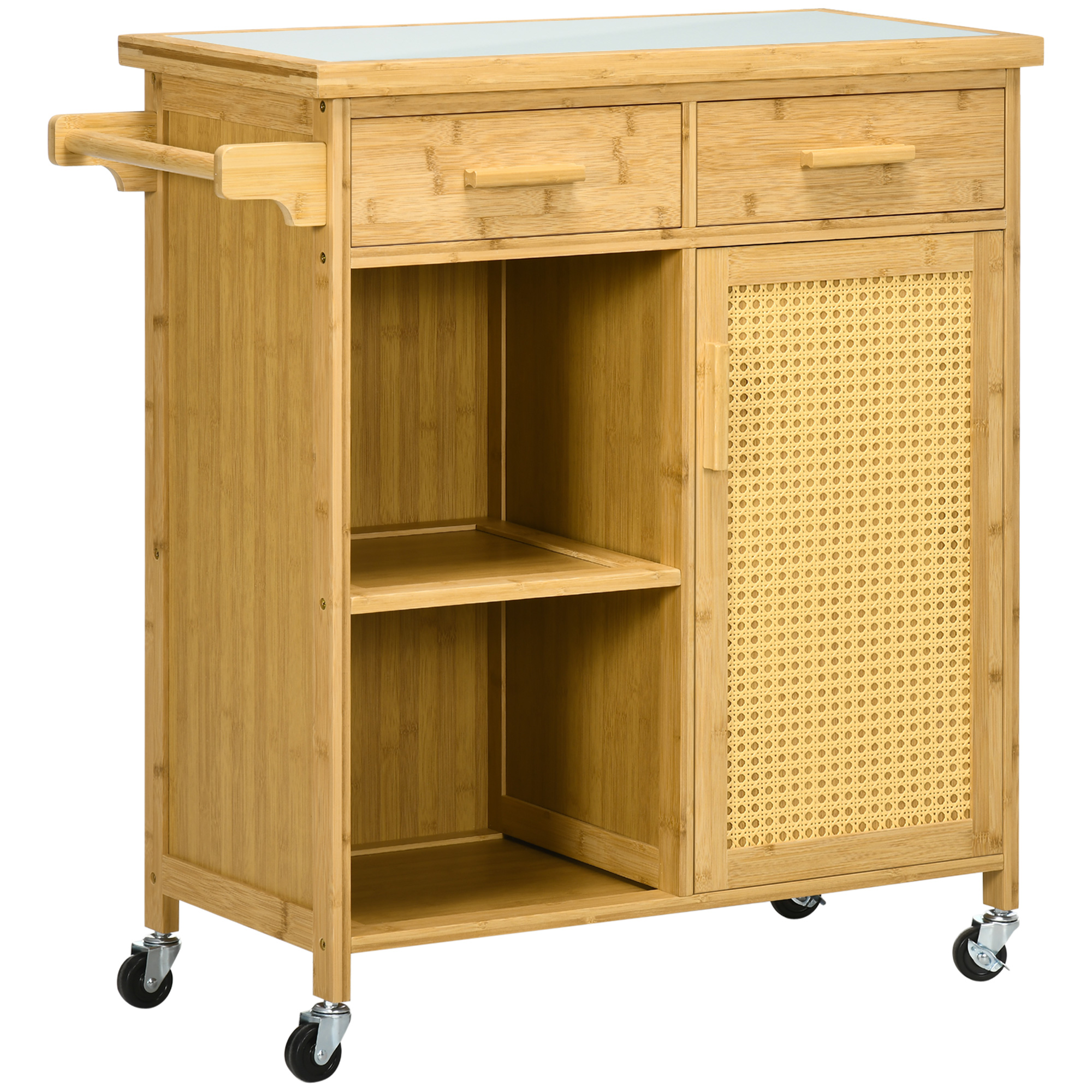 HOMCOM Küchenwagen aus Bambus, Mehrzweckwagen, Sevierwagen, 2 Schubladen, 1 Schrank,  2 Regale, Natur