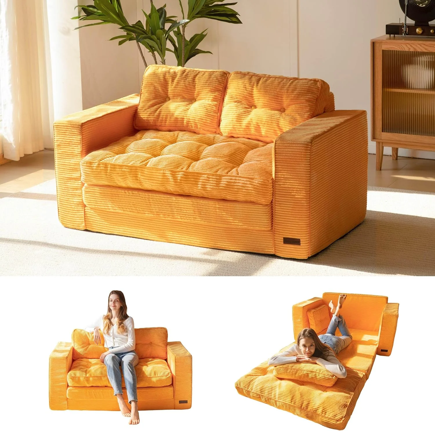 Convertible Loveseat Sleeper Sofa Bed with Pillows Beige