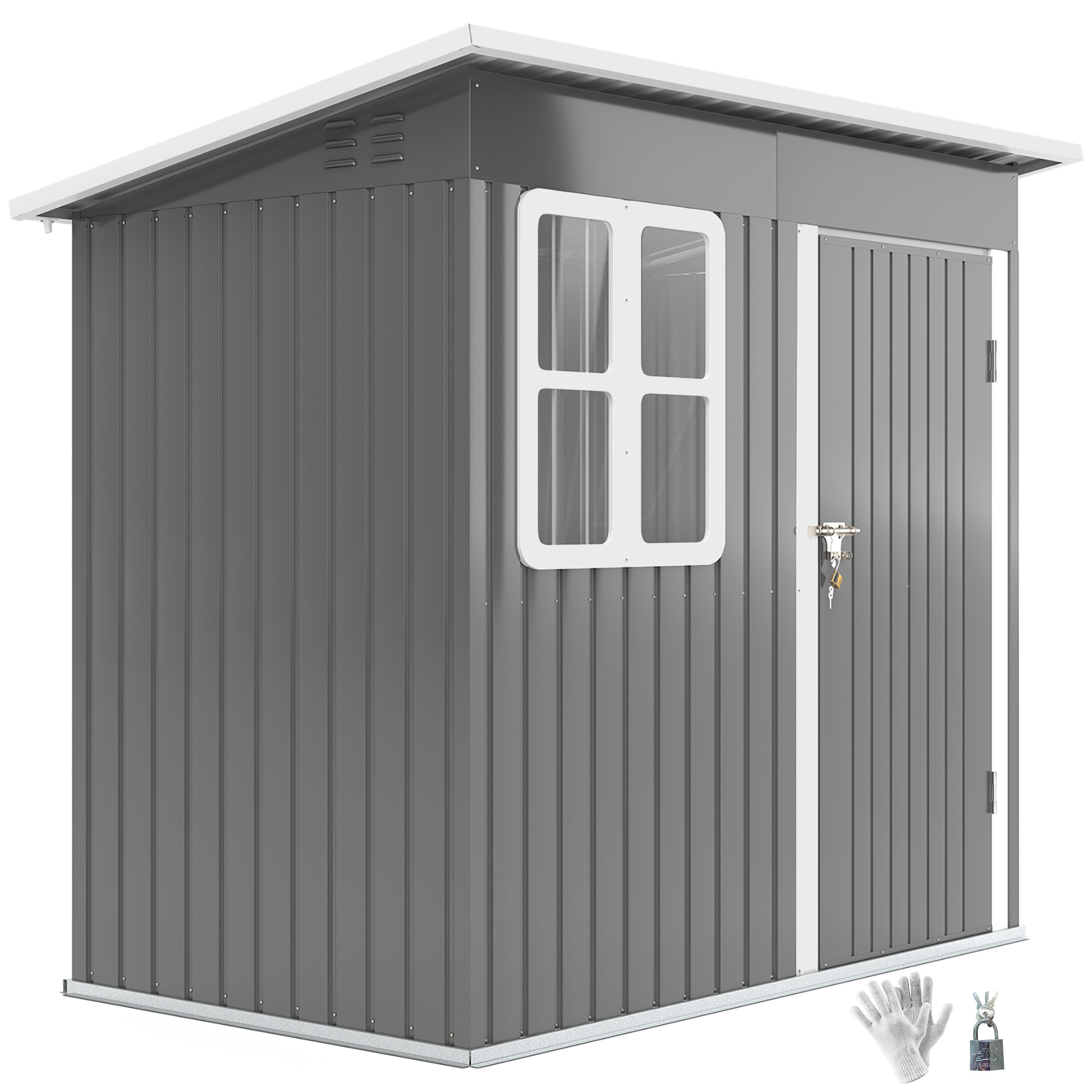 Outsunny Gartenschuppen, Gartenhaus mit Fenster, verschließbare Tür, für Garten, Terrasse, Stahl, 221L x 133B x 190H cm, Grau