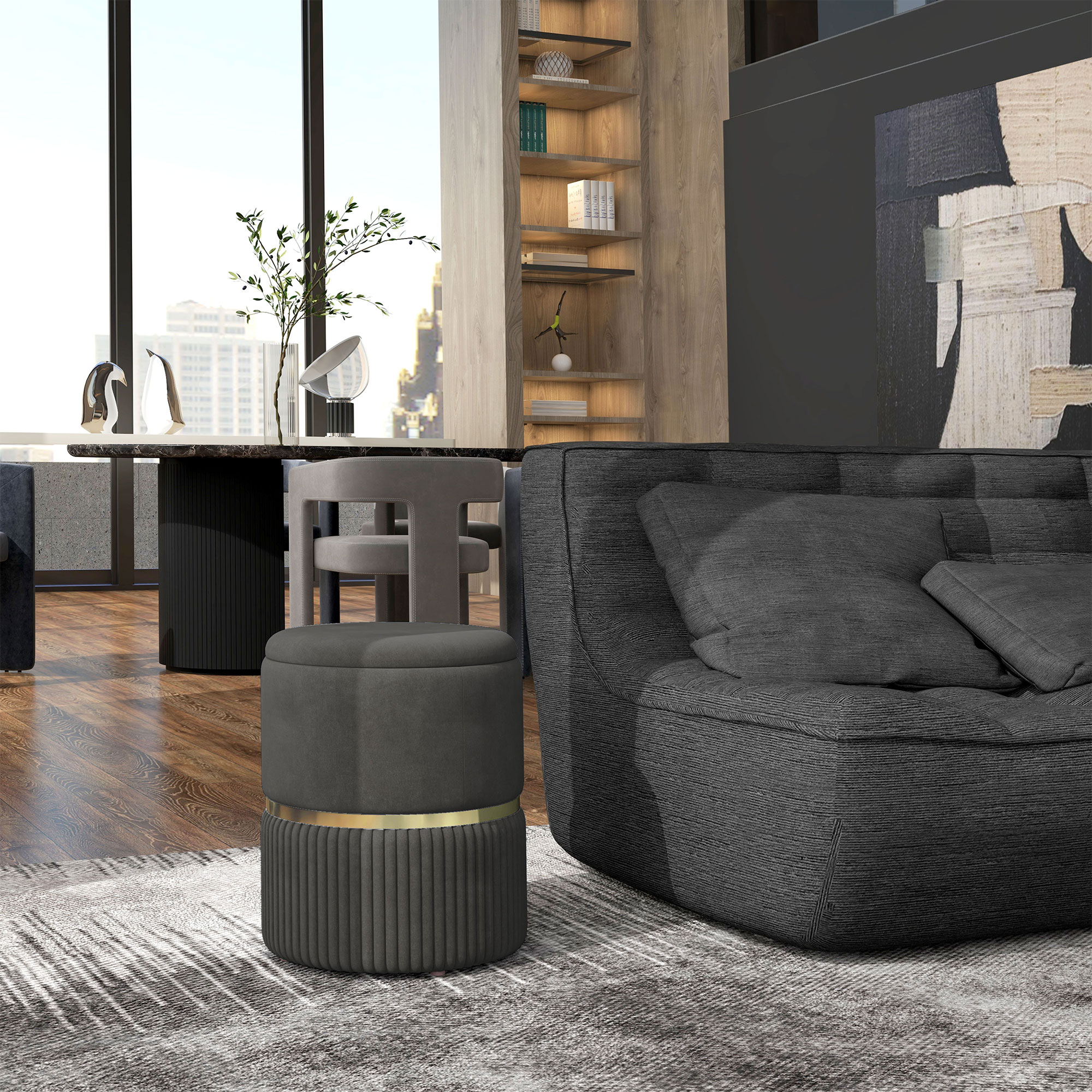 HOMCOM Fußhocker Aufbewahrungshocker aus Cord-Velours, 36 x 36 x 44 cm für Wohnzimmer Schlafzimmer Grau