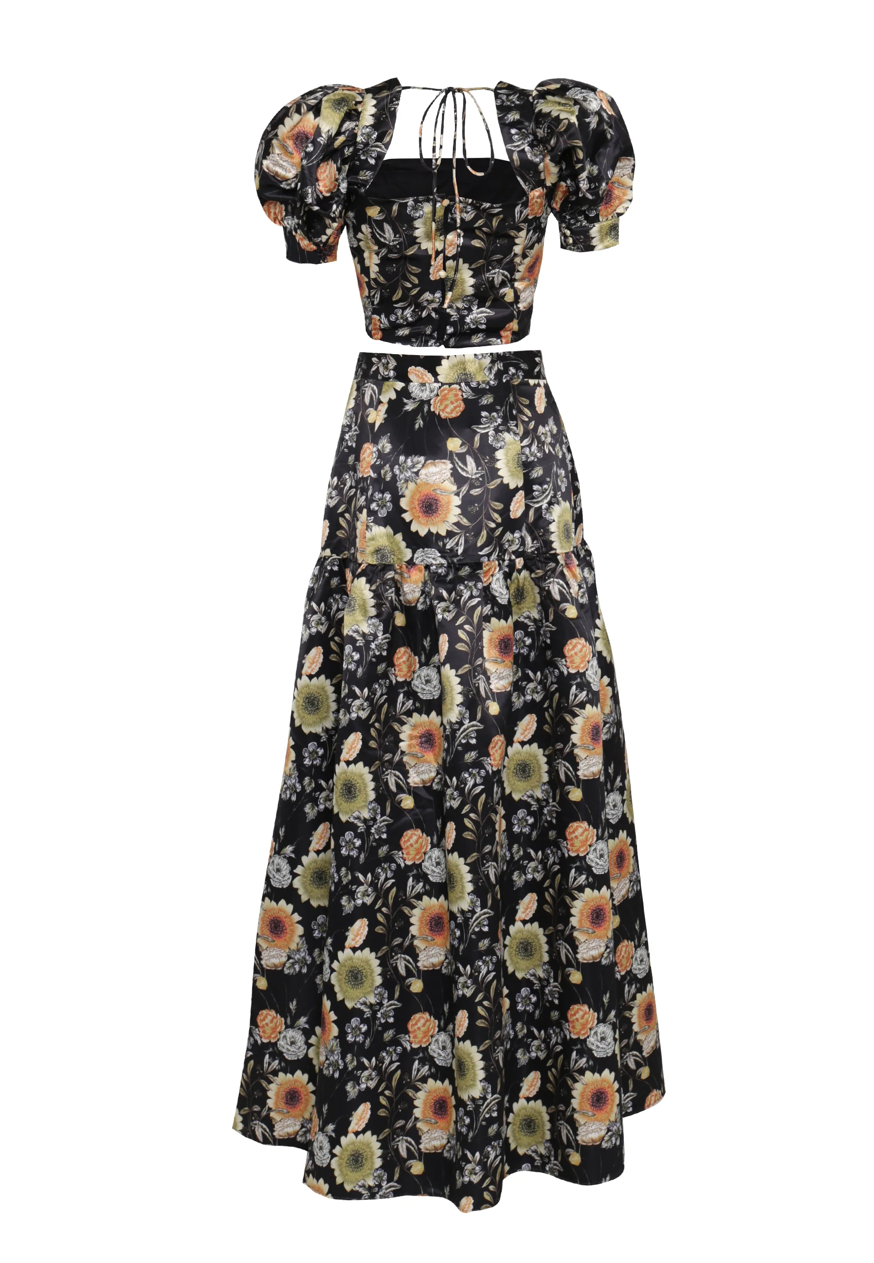 Polly Co-Ord Black-Mustard-Flower High-Waisted Tiered Maxi-Skirt