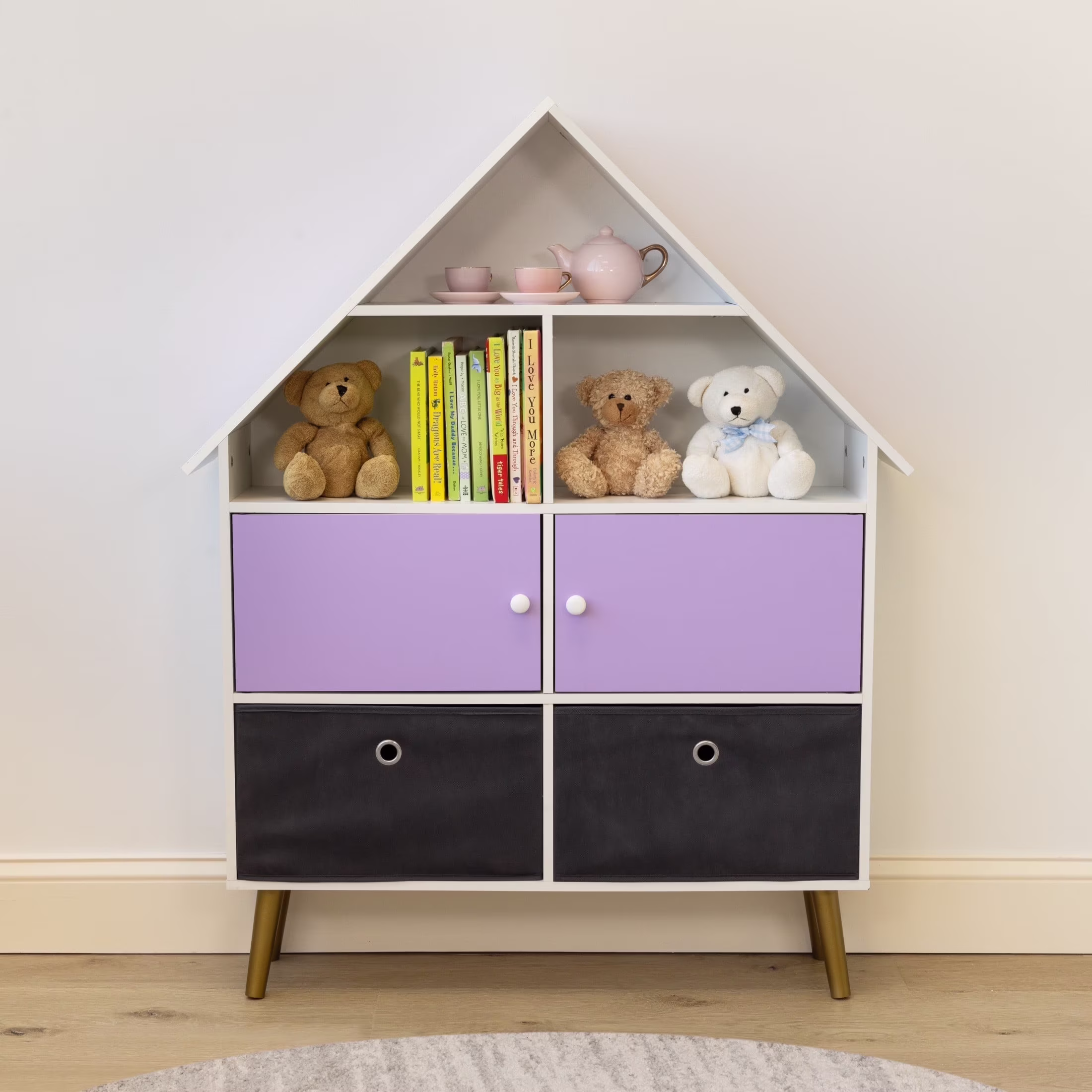 Humble Crew Kids Toy Storage Organizer & Dollhouse Bookcase with 2 Fabric Bins, Purple/White