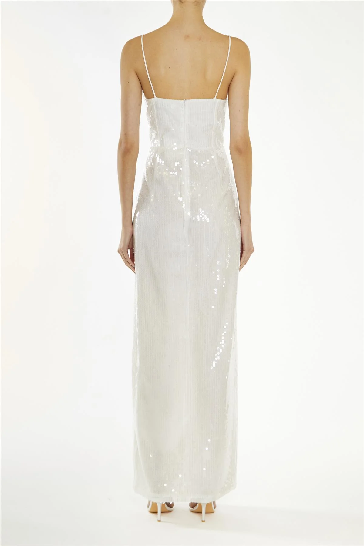 Crystal White Translucent-Sequin Ruffle-Split Maxi-Dress