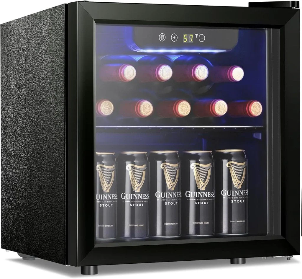Antarctic Star 26 Bottle 130 Can Wine Cooler/Cabinet Beverage Refrigerator Mini Wine Cellar Beer Soda Clear Glass Door Bar Fridge Quiet Compressor Adjust Temp Freestanding Indoor Use 3.2cu.ft Black