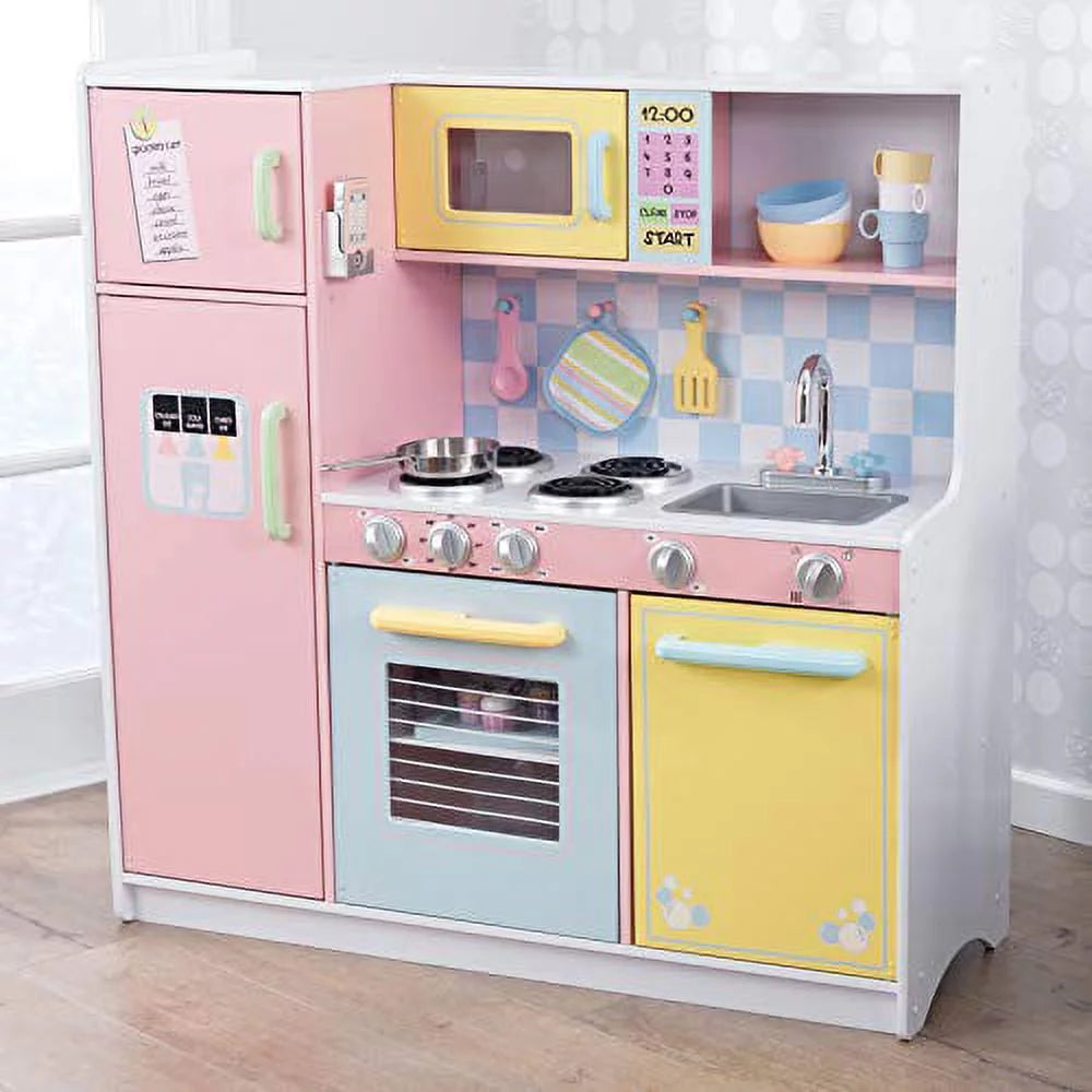 KidKraft KidKraft Wooden Large Pastel Play Kitchen with Turning Knobs, See Through Doors and Play Phone, Gift for Ages 3  42.30 x 17.60 x 43.00 Inches
