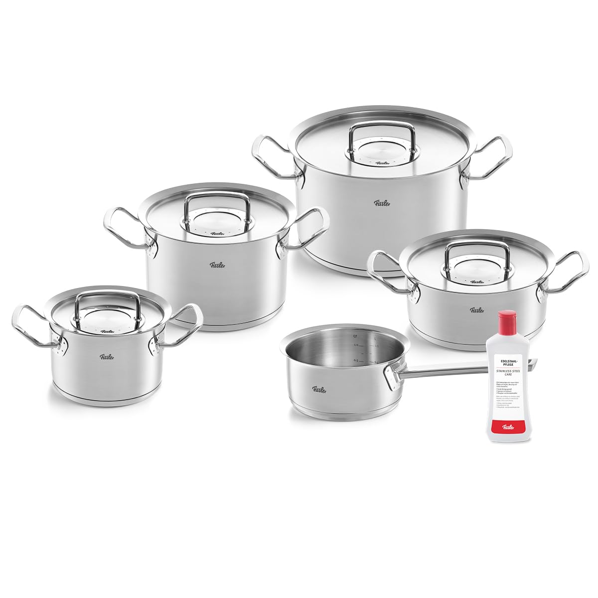 Kochtopfset 5-teilig aus Edelstahl mit Metalldeckeln und Edelstahlpflege, für alle Herdarten inkl. Induktion