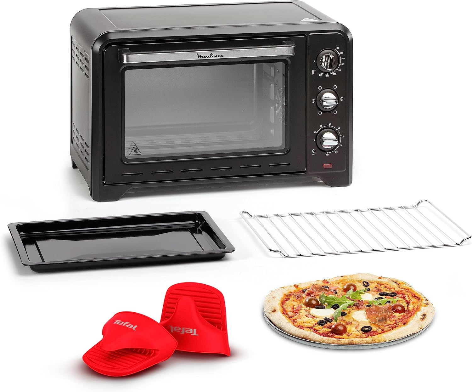 Moulinex Forno posabile 33 L, Calore girevole, Convezione avanzata, 6 modalità di cottura, Termostato regolabile fino a 240 °C, Timer 120 min, Griglia reversibile, Presine in silicone, Optimo Nero