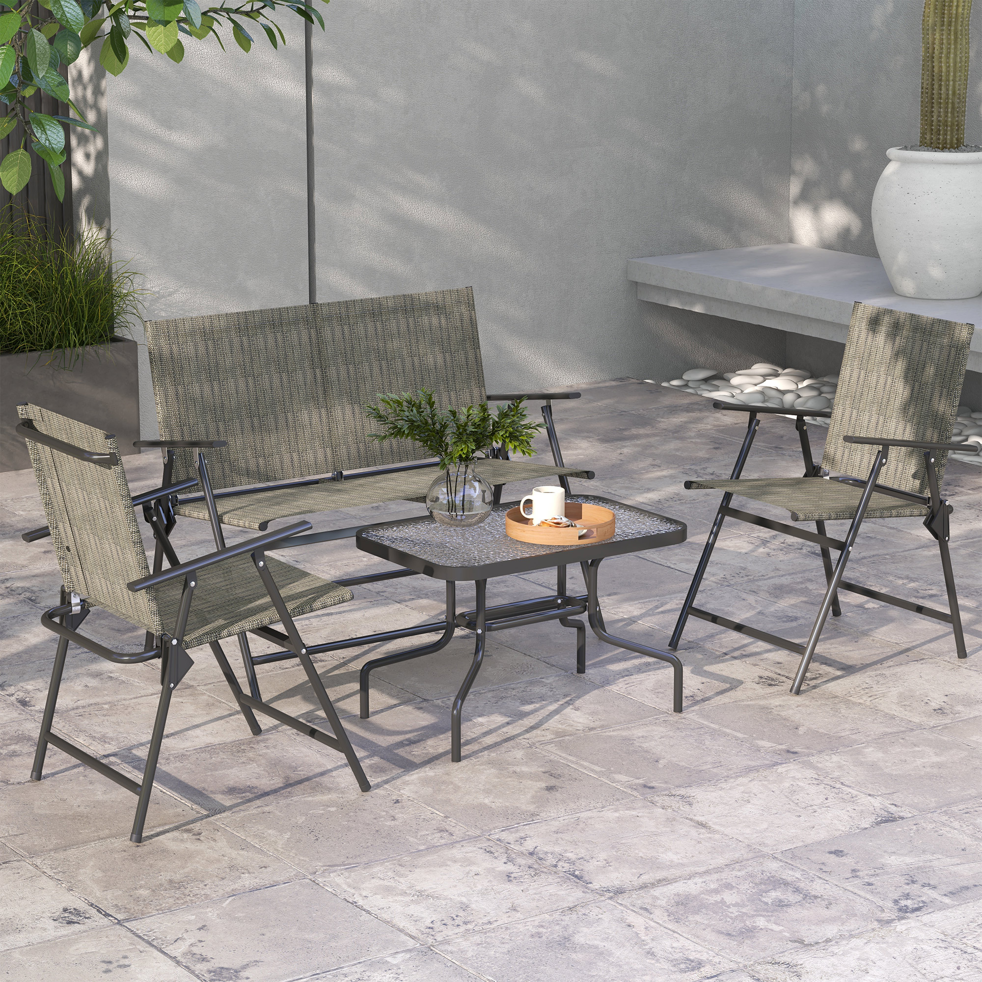 Outsunny 4-tlg. Gartenmöbel-Set, 2-Sitzer, 2 Klappstühle, Tisch, Metallrahmen, Grau+Braun