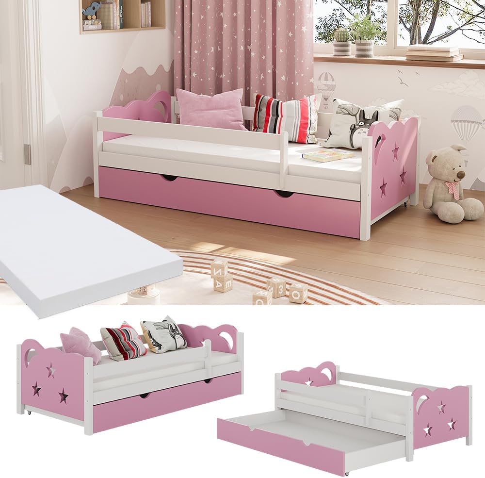 Kinderbett 80x160 cm Jessica mit Schublade und Matratze - Rosa/Weiß 166x53x86 cm aus Bambus - Bettschublade perfekt für Kinder, Geborgenheit für eine Nacht voller schöner Träume
