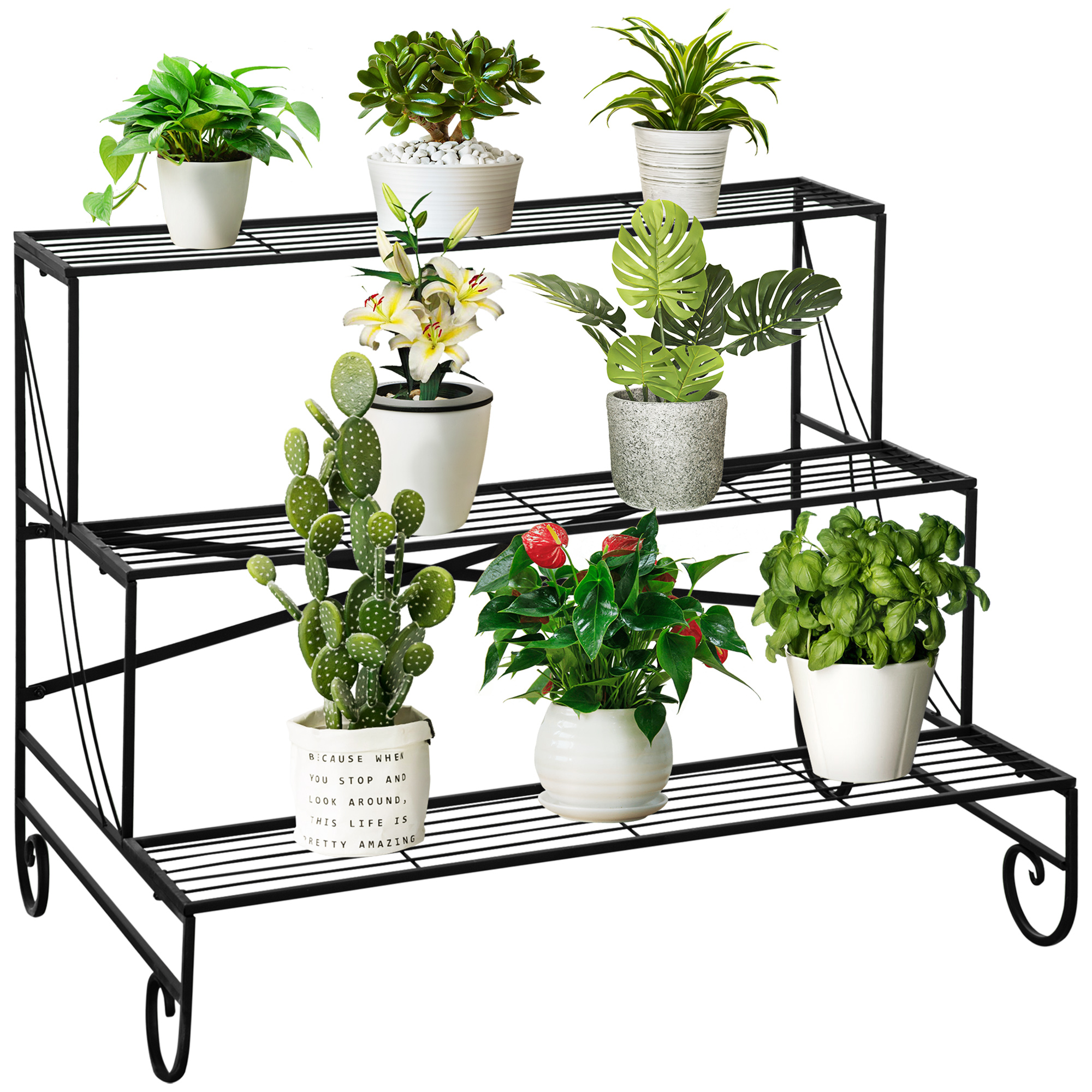 Outsunny Blumenständer Blumenregal aus Metall 3 Stufen Pflanzenregal Blumentreppe  für innen und außen Garten Balkon Schwarz 95 x 63 x 72 cm