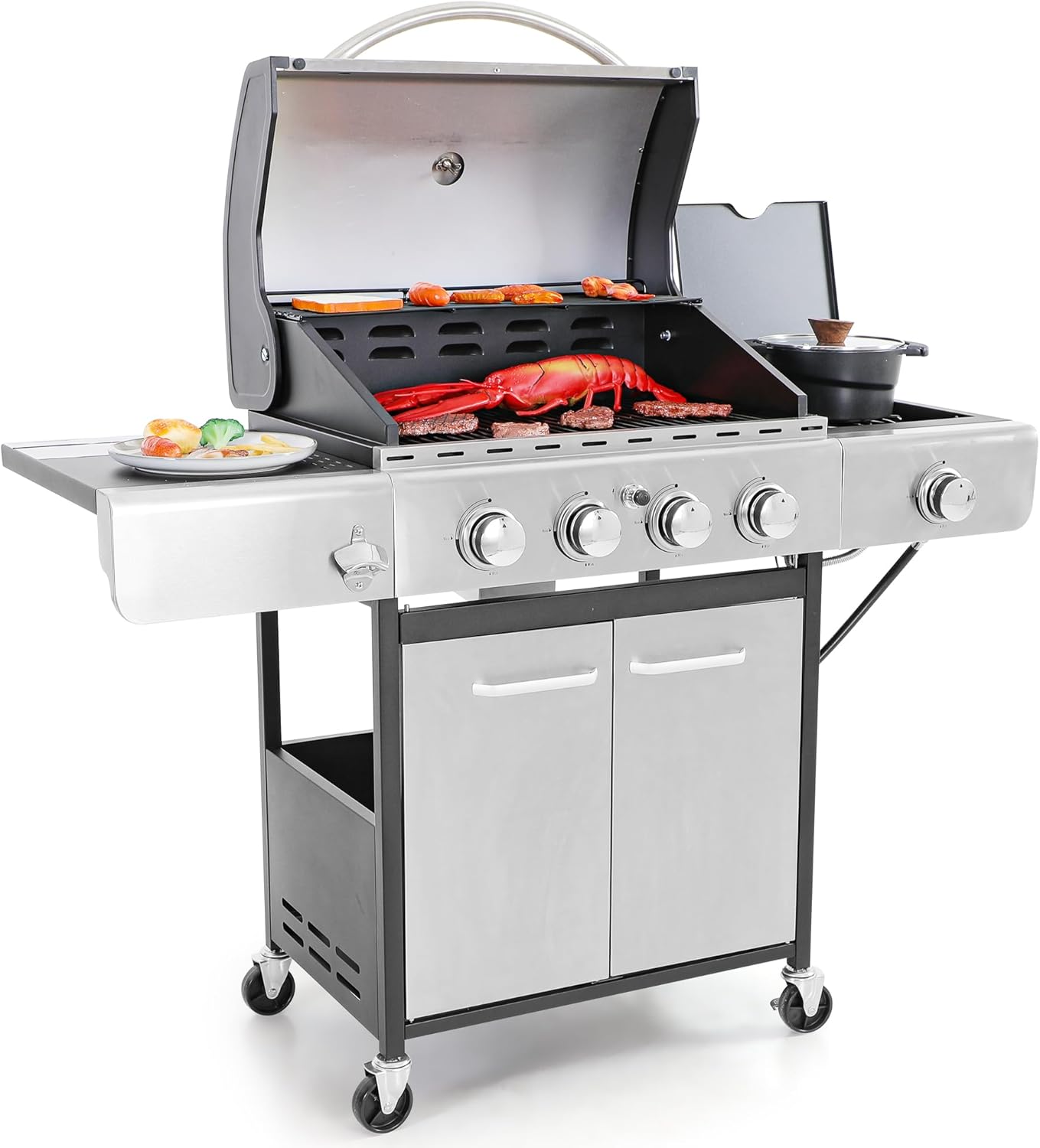 Captiva Designs 4-Burner Gas Grill, Side Burner, 42,000 BTU, Stainless