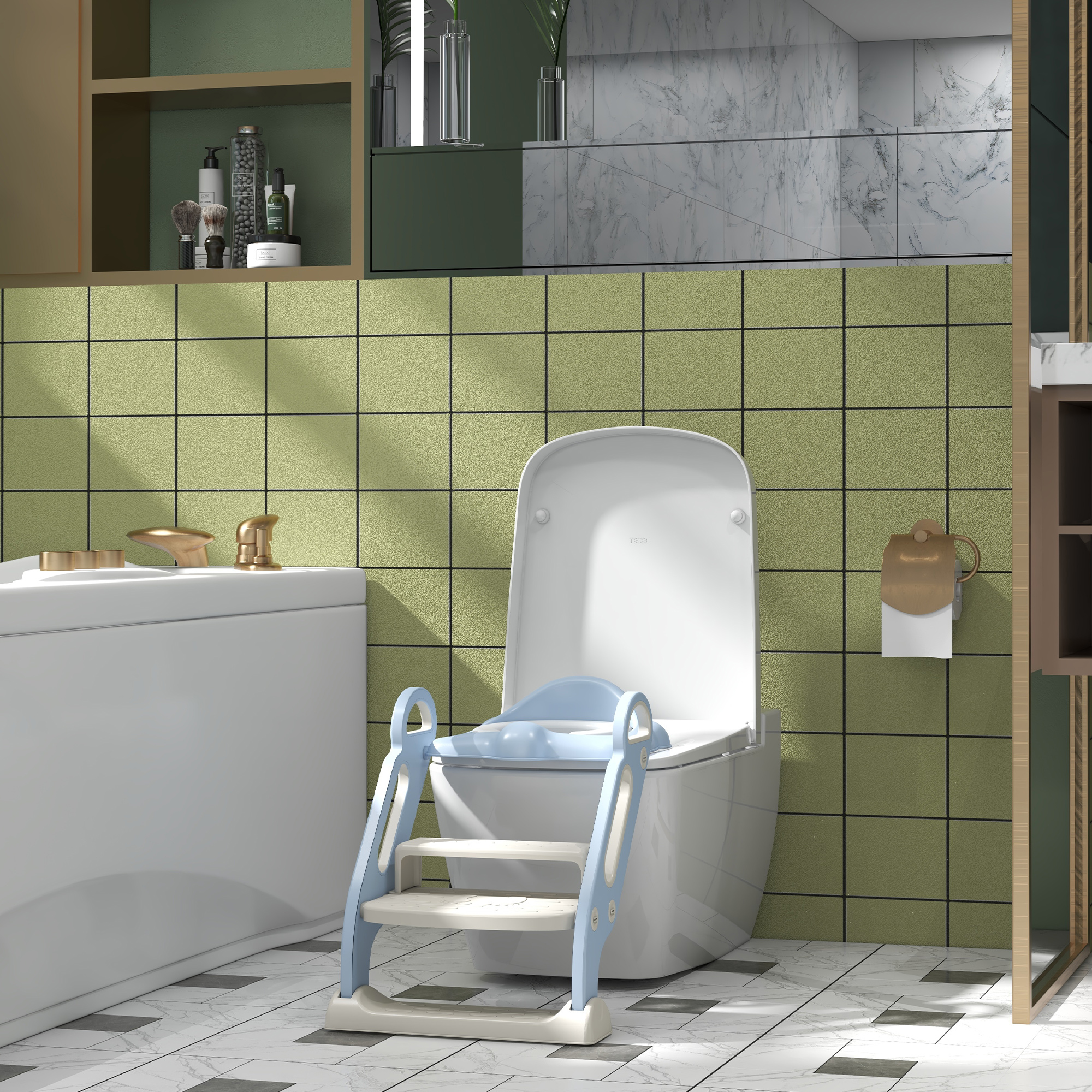 ZONEKIZ Toilettenaufsatz für Kinder, klappbar, mit Leiter, 2 Griffe, rutschfest, Spritzwasserschutz, blau