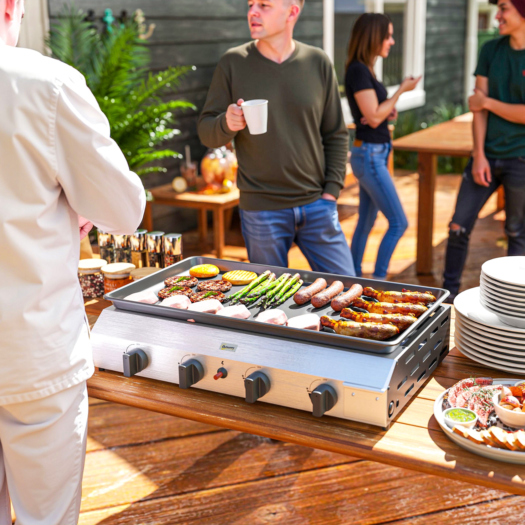 Outsunny Gasgrill 8000BTU/2,4 KW Grillwagen inkl 4 Edelstahl-Brenner Druckminderer 44 x 44,5 x 19 cm Silber+Schwarz