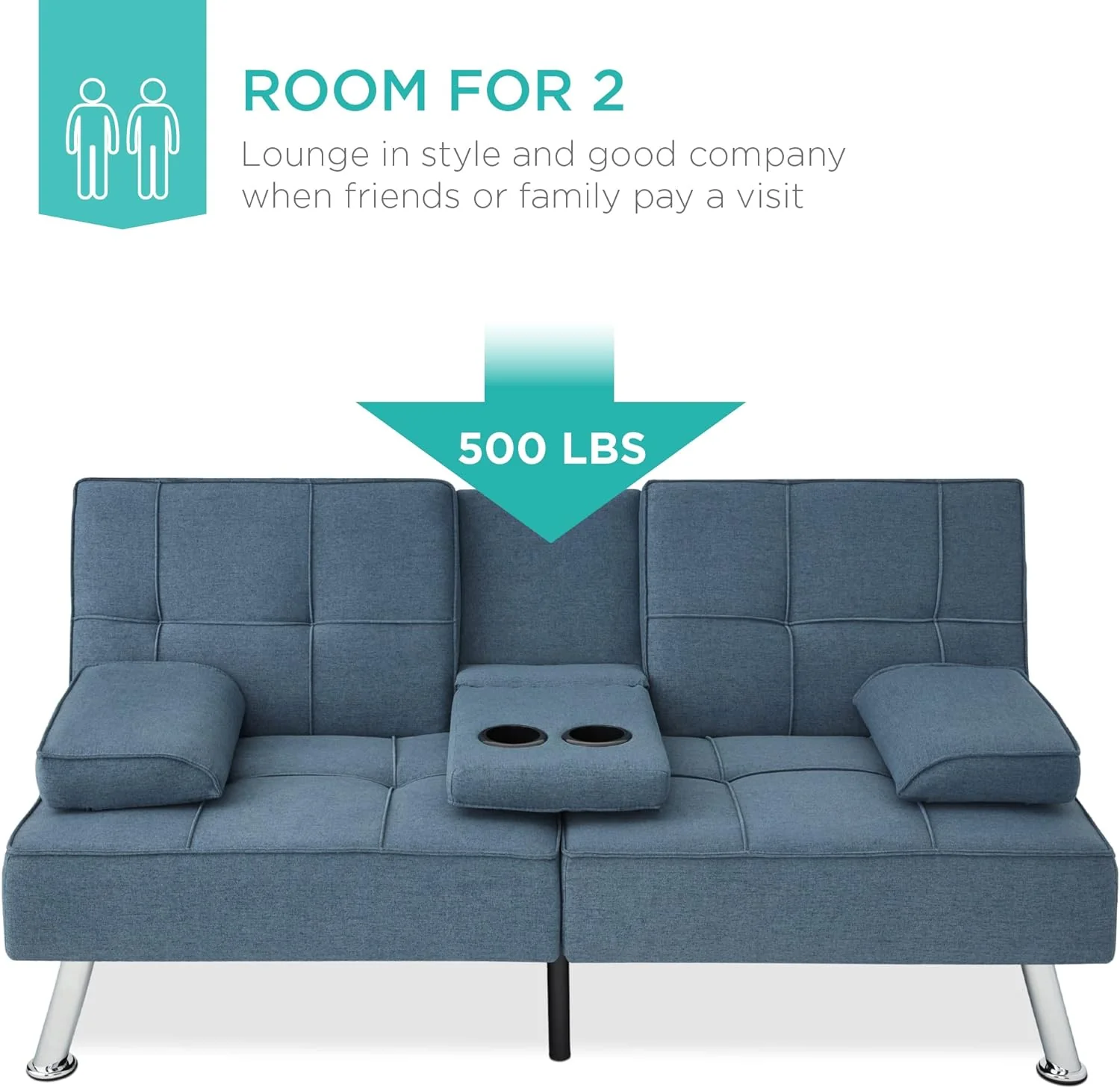Best Choice Products Linen Upholstered Modern Convertible Folding Futon Sofa Bed for Compact Living Space, Apartment, Dorm, Bonus Room w/Removable Armrests, Metal Legs, 2 Cupholders - Gray