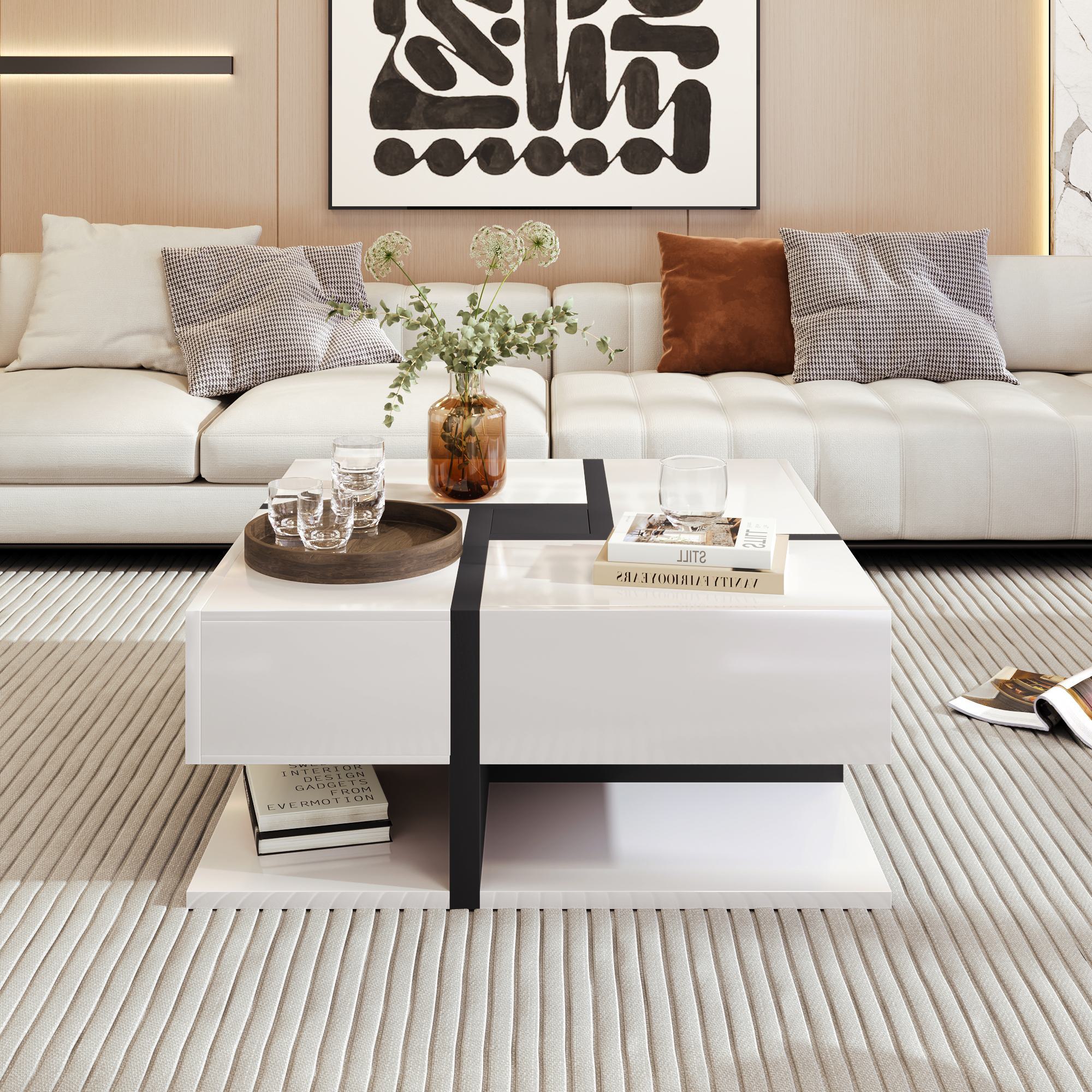 Hochglanz-Couchtisch mit 4 Schubladen, einzigartigem Farb- und Liniendesign, zusätzlichem Stauraum unten, Weiß und Schwarz
