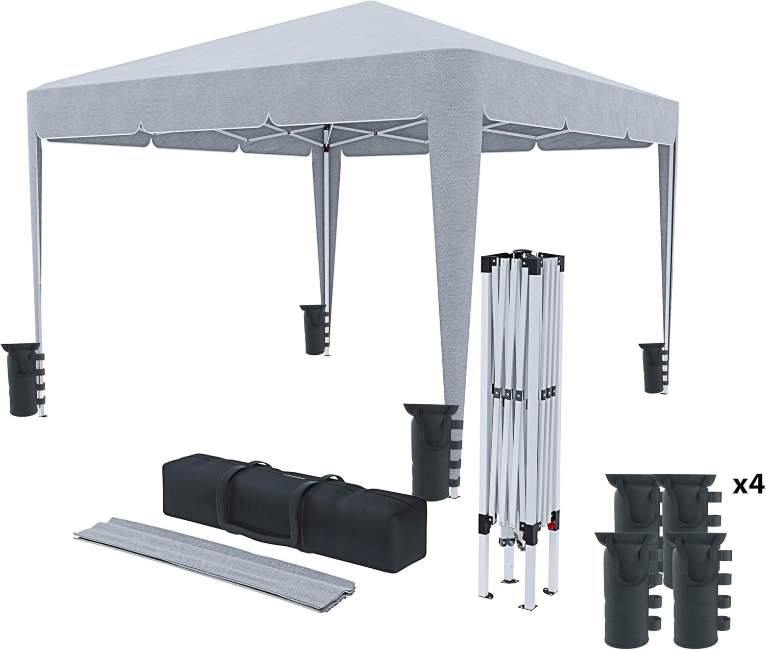 Gazebo 3 x 3 M Pieghevole Idrorepellente Struttura Acciaio Copertura 160 gr/m2 Con 4 Sacche Per Pesi E Sacca Di Trasporto Chiusura A Fisarmonica Da Giardino Campeggio Esterno Piscina Fiere (Grigio)