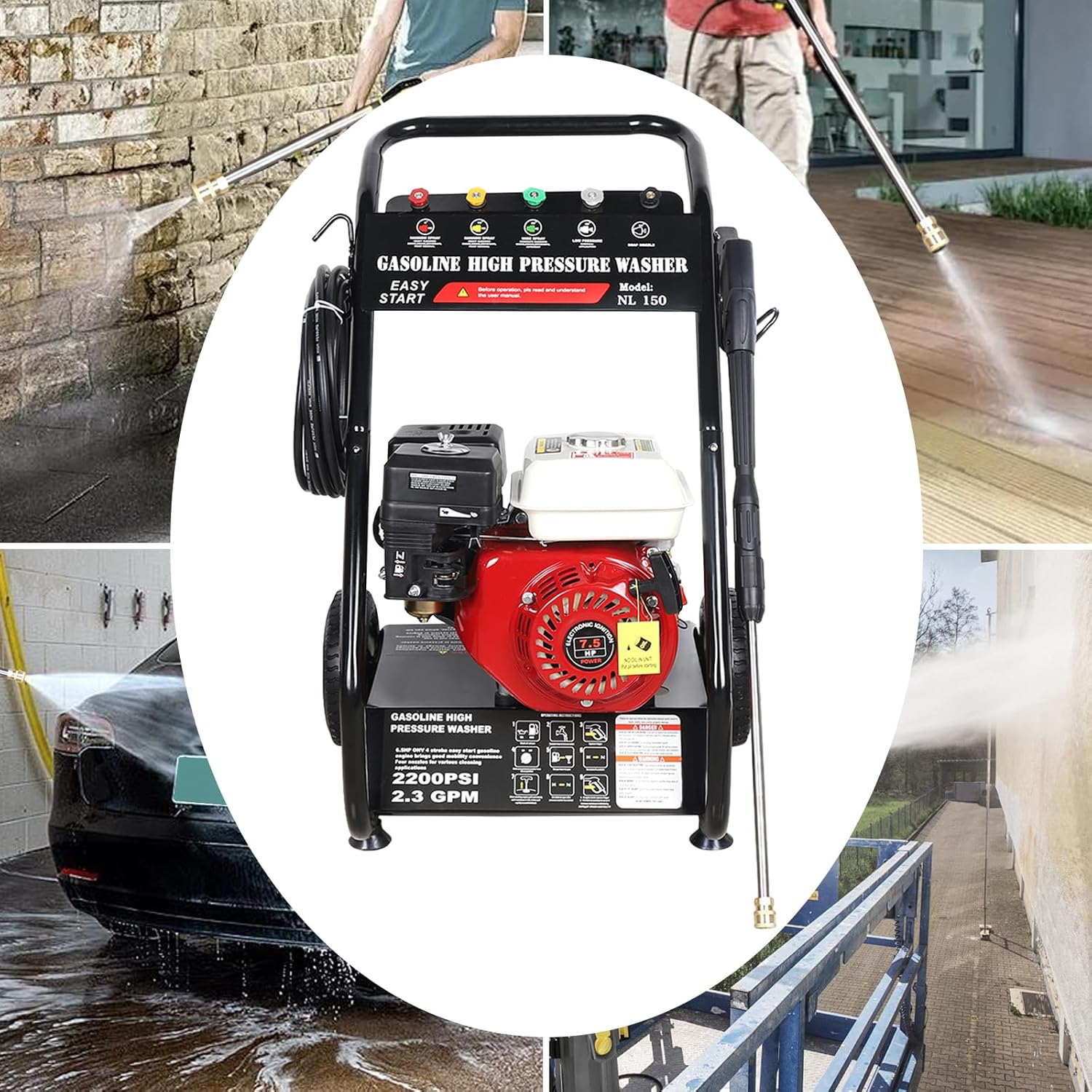 Idropulitrice a Benzina Alta Pressione per Pulizia Giardino Esterni 7,5 CV 190 bar a pressione lavatrice singolo cilindro silenzioso 5 tipi di ugelli Potente per Uso Domestico e Professionale