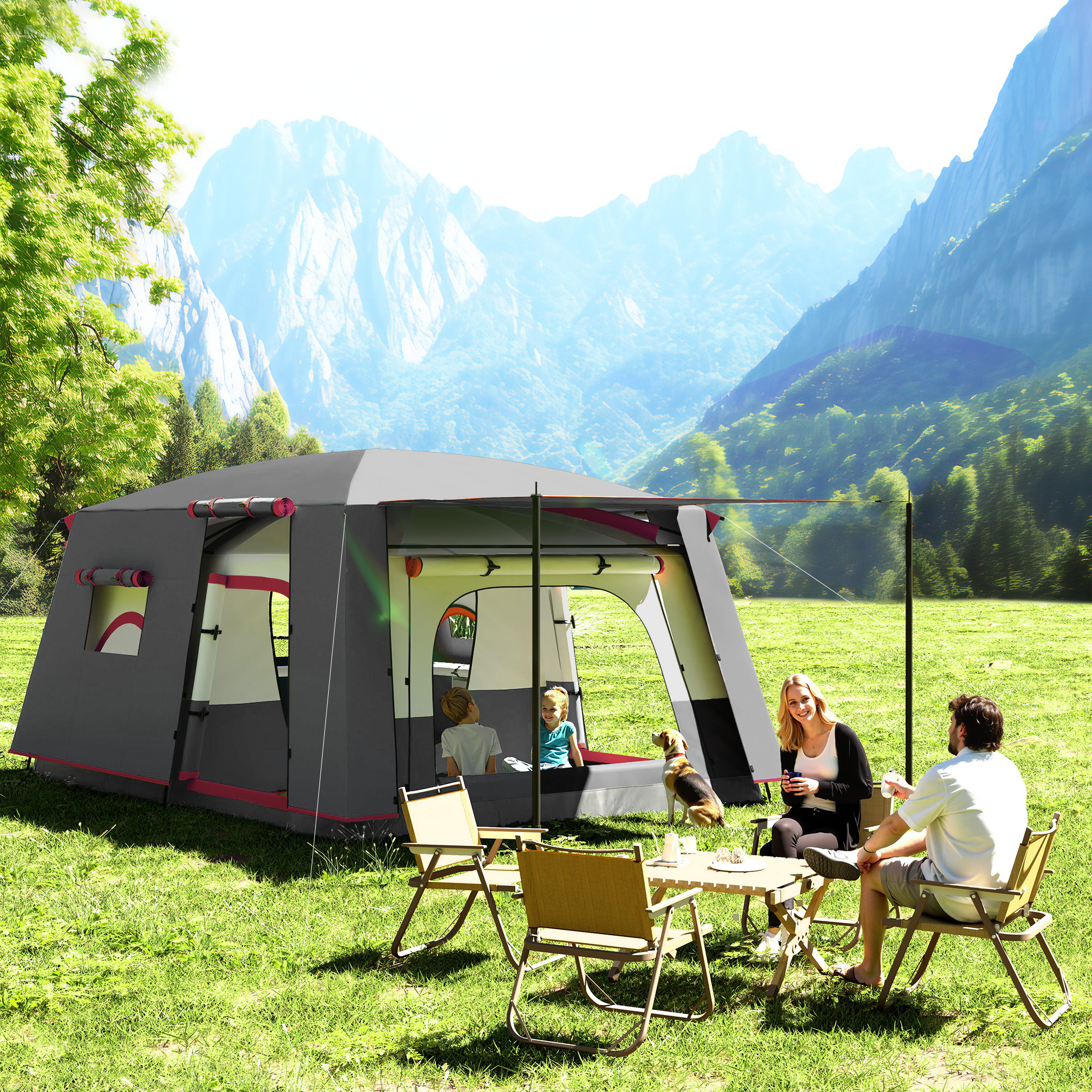 Outsunny Familienzelt für 4-6 Personen mit 2 Schlafbereichen Wohnbereich und wasserdichtem Schutz 430x305 cm Rot