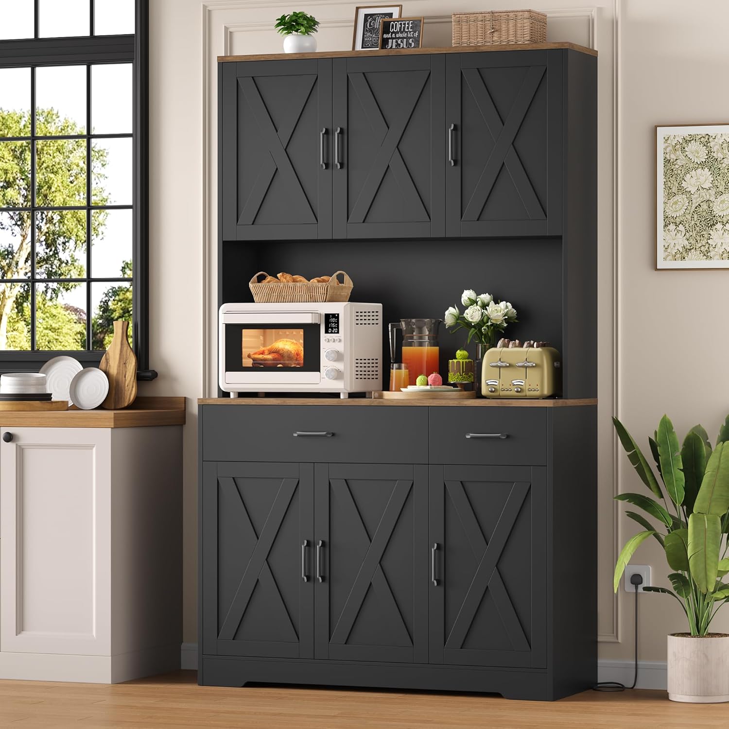 HOCSOK Credenza Cucina 105x180 cm (BxH), Alta Dispensa Cucina con Presa Elettrica, Ripiani Regolabili, Microonde con Ripiani Aperti, mobile soggiorno, Nero