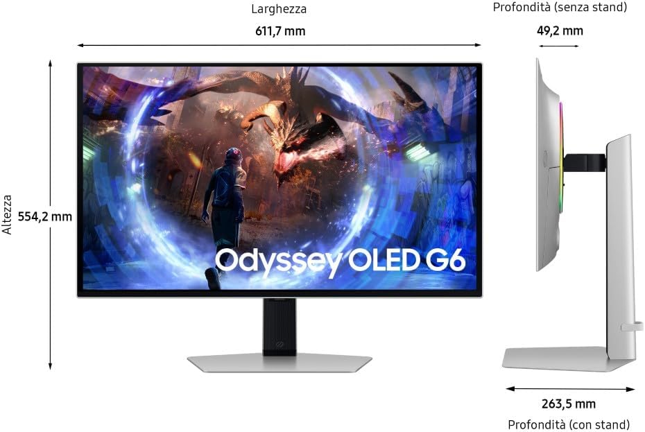 Monitor Gaming Odyssey OLED G6 (S27DG602), Flat, 27'', 2560x1440 (QHD), 16:9, HDR10+, OLED, 360Hz, 0,03ms (GtG), FreeSync Premium Pro, HDMI, USB, DP, HAS, Pivot